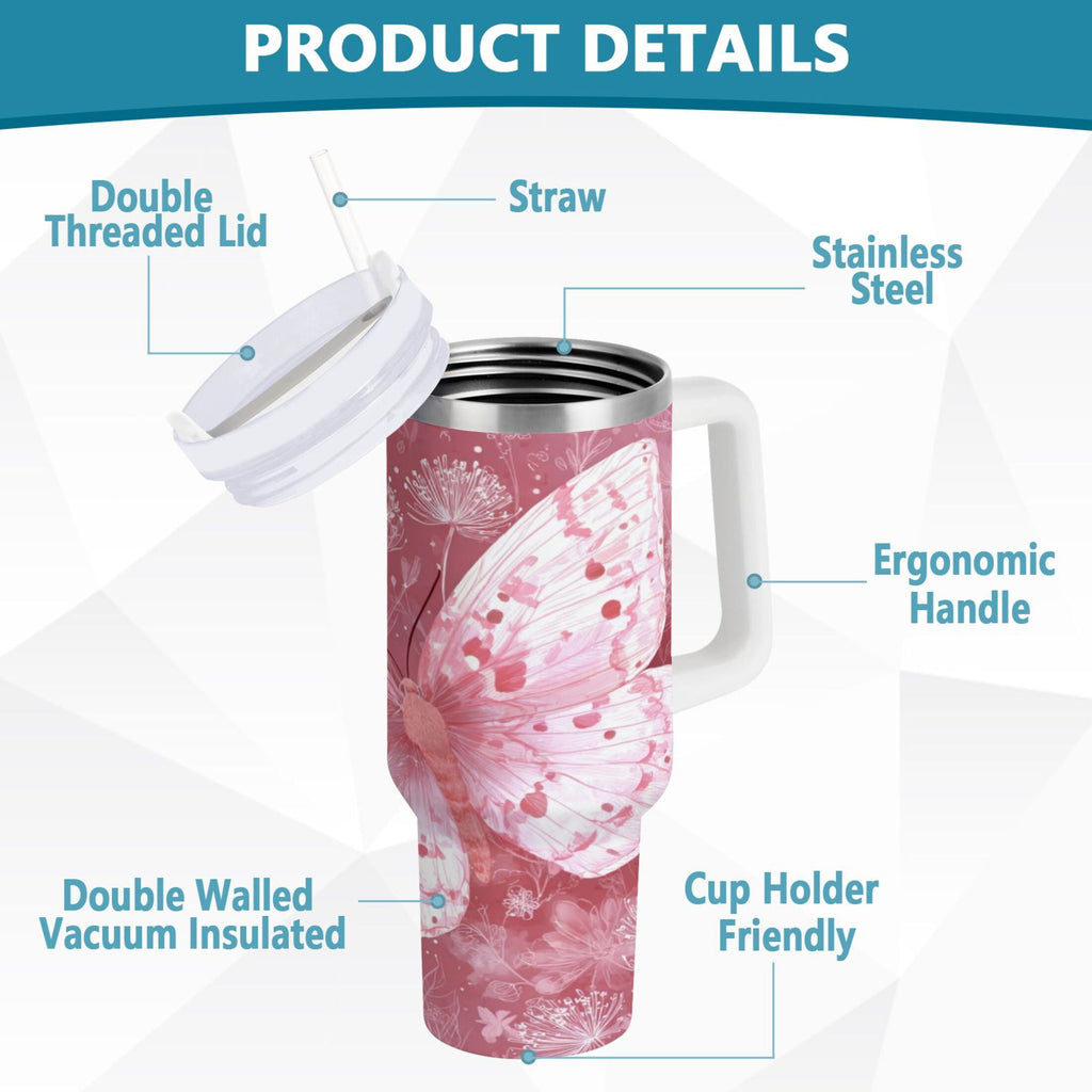 30 oz Insulated Stainless Steel Tumbler Double Wall Stainless Steel Tumbler with 2-Way Drinking Soft Pink Butterfly - 14Y1