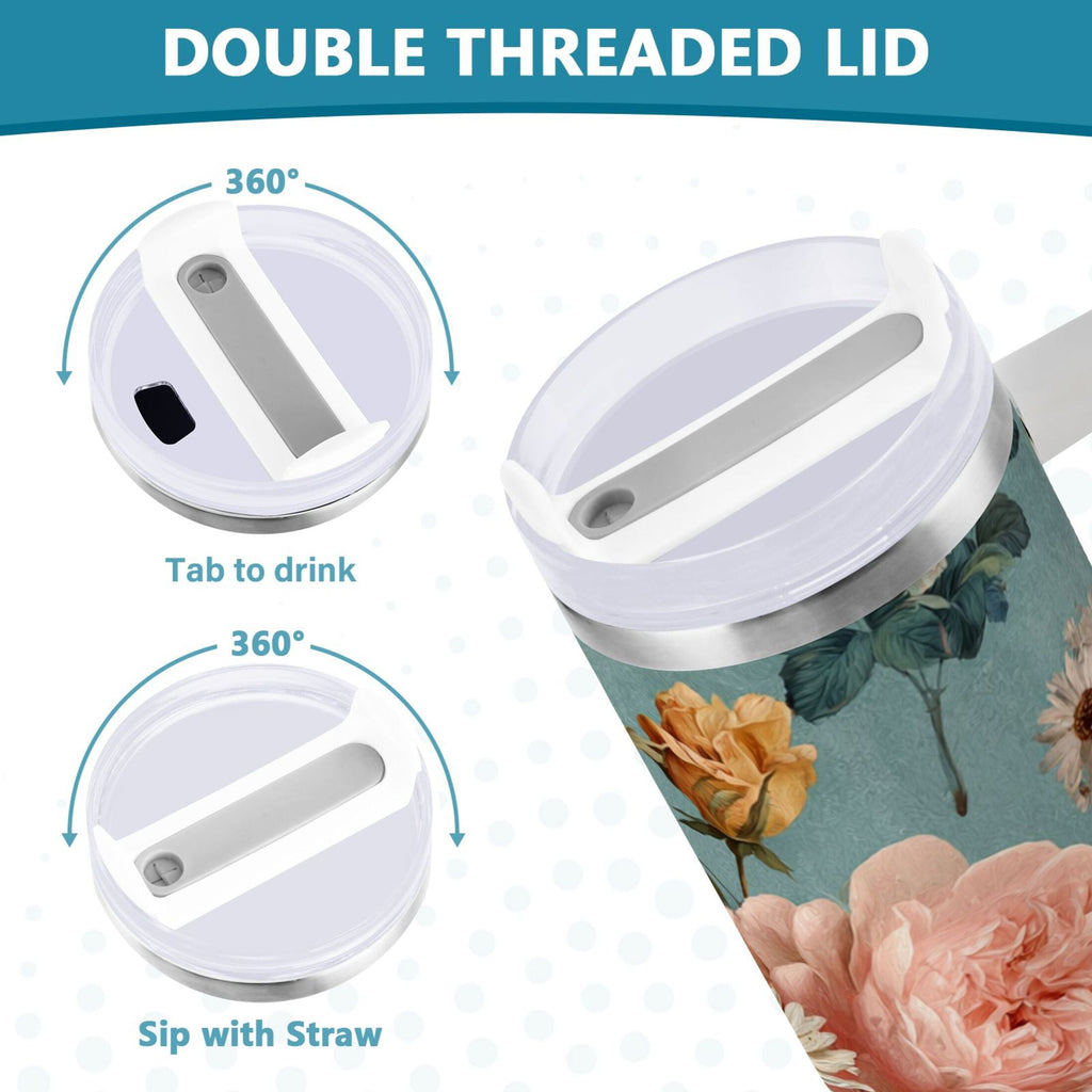 30 oz Insulated Stainless Steel Tumbler Double Wall Stainless Steel Tumbler with 2-Way Drinking Vintage Roses and Peonies - EK50