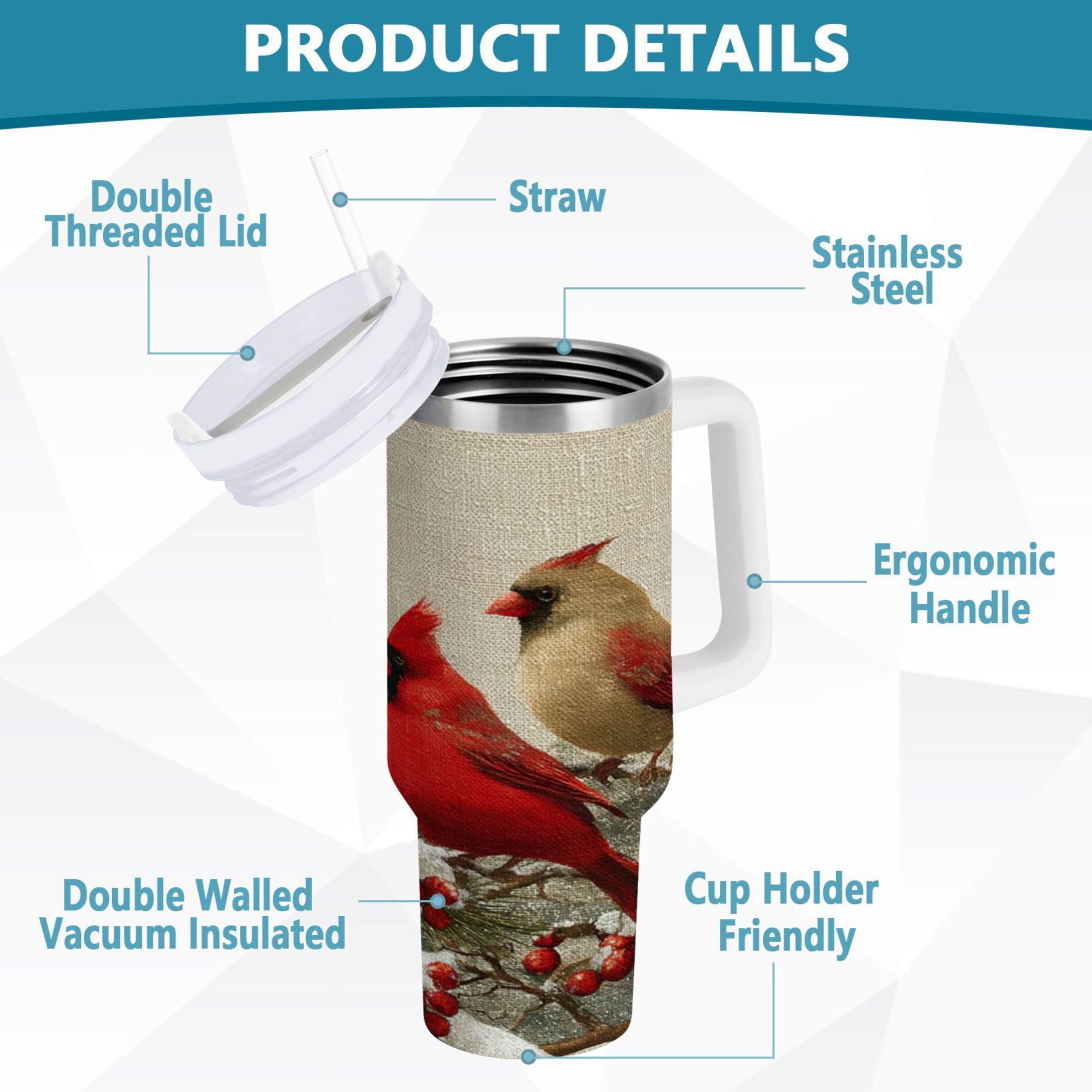 30 oz Insulated Stainless Steel Tumbler Double Wall Stainless Steel Tumbler with 2-Way Drinking Bird and Snow-covered Trees - E6B7