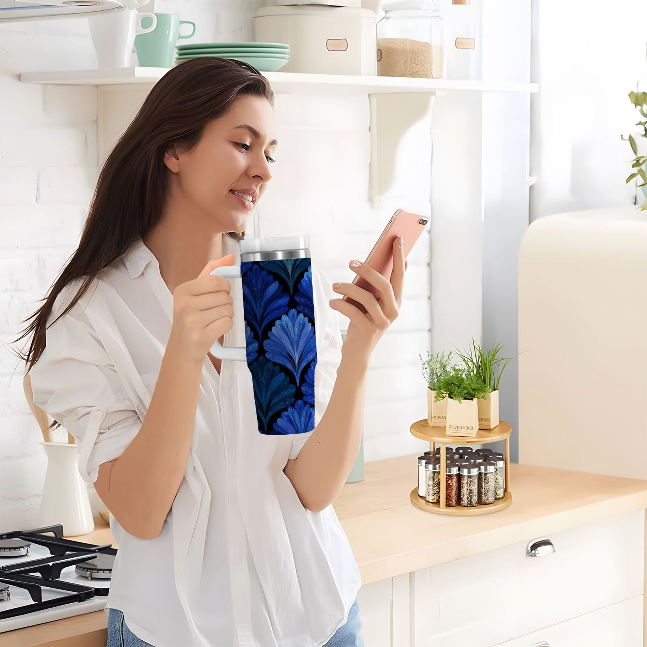 30 oz Insulated Stainless Steel Tumbler Double Wall Stainless Steel Tumbler with 2-Way Drinking Blue Batik Leaves Pattern - HXC9
