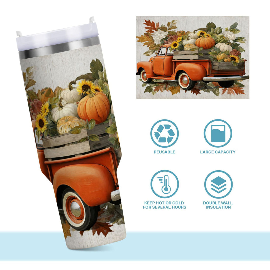 40 oz Insulated Stainless Steel Tumbler Double Wall Stainless Steel Tumbler with 2-Way Drinking Truck Full Of Pumpkins - JEDA