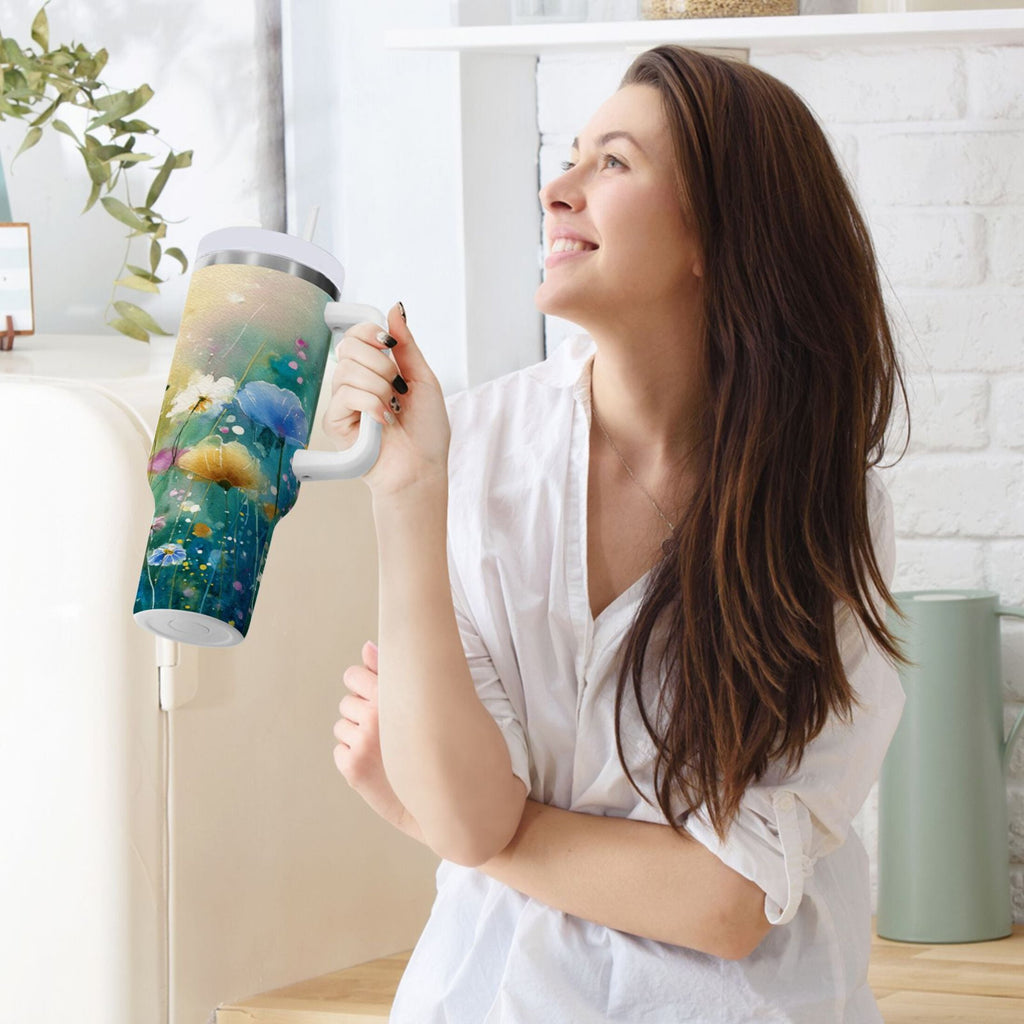 30 oz Insulated Stainless Steel Tumbler Double Wall Stainless Steel Tumbler with 2-Way Drinking Watercolor Wildflowers - IP78