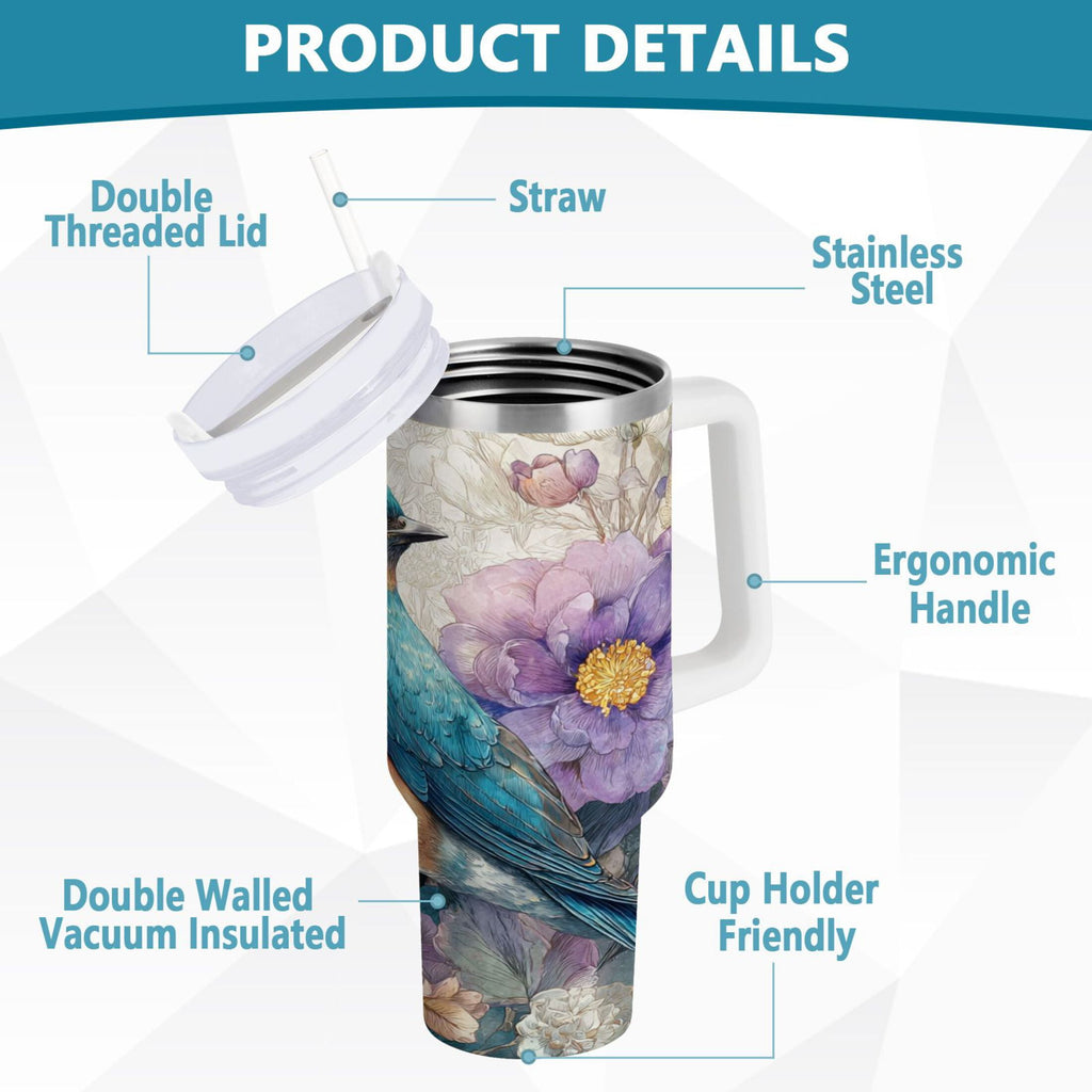 30 oz Insulated Stainless Steel Tumbler Double Wall Stainless Steel Tumbler with 2-Way Drinking Bluebird and Flower - NPKB