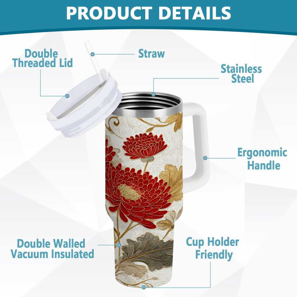 30 oz Insulated Stainless Steel Tumbler Double Wall Stainless Steel Tumbler with 2-Way Drinking Red Chrysanthemum Pattern - PTOO