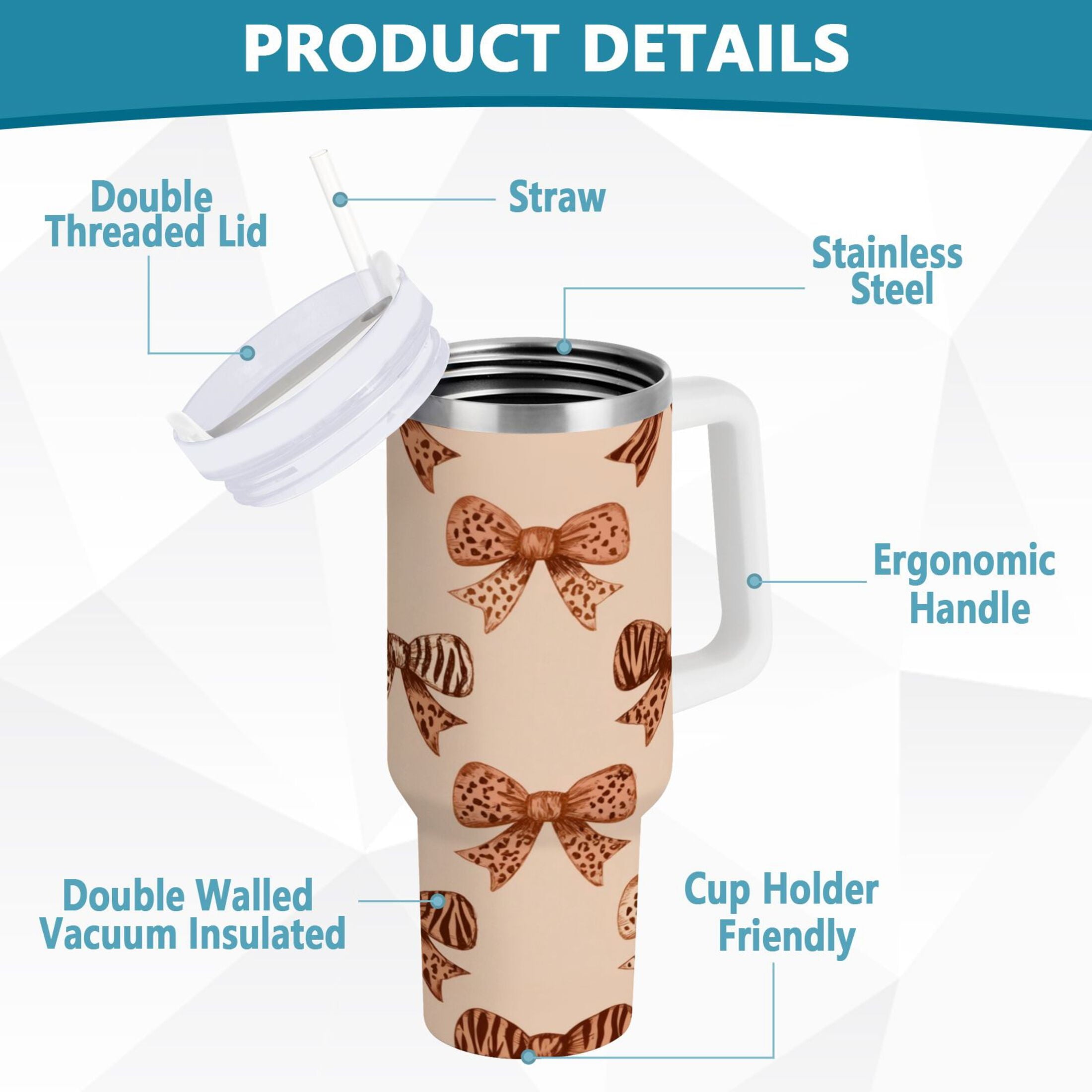 40 oz Insulated Stainless Steel Tumbler Double Wall Stainless Steel Tumbler with 2-Way Drinking Leopard Print Bow - TY71