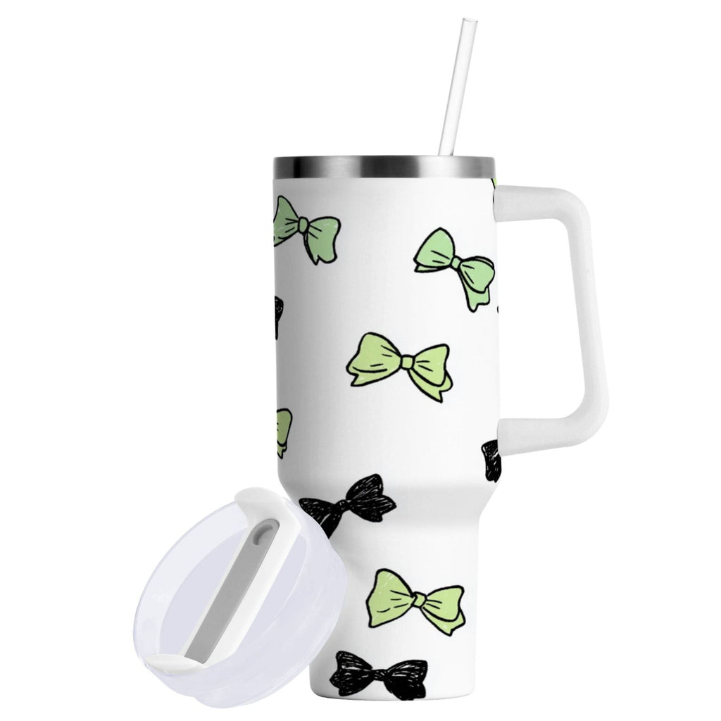 40 oz Insulated Stainless Steel Tumbler Double Wall Stainless Steel Tumbler with 2-Way Drinking Green and Black Bows - YM13