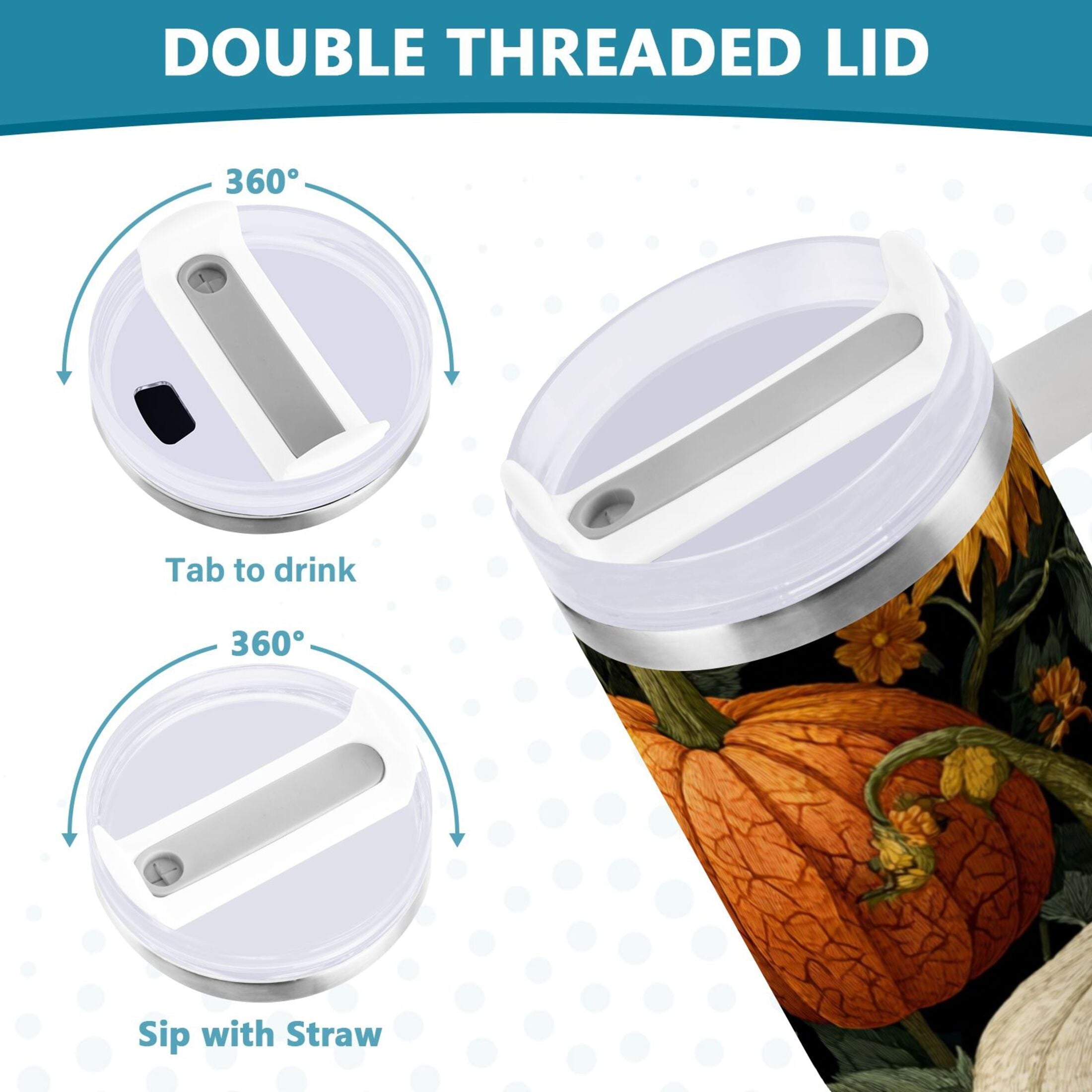 40 oz Insulated Stainless Steel Tumbler Double Wall Stainless Steel Tumbler with 2-Way Drinking Pumpkins and Sunflowers Pattern - 8WLD