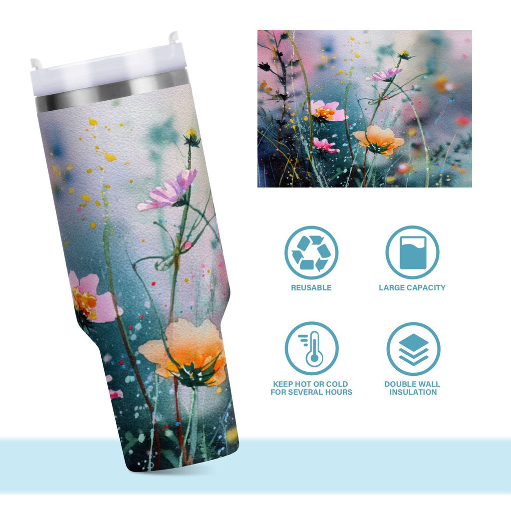 40 oz Insulated Stainless Steel Tumbler Double Wall Stainless Steel Tumbler with 2-Way Drinking Abstract Wildflowers - B83F