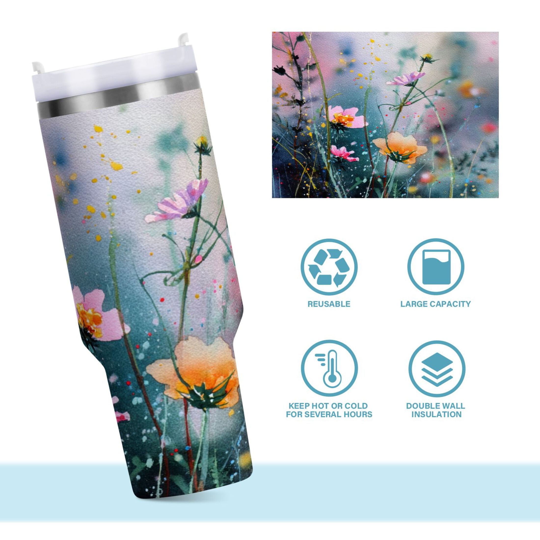 40 oz Insulated Stainless Steel Tumbler Double Wall Stainless Steel Tumbler with 2-Way Drinking Abstract Wildflowers - B83F