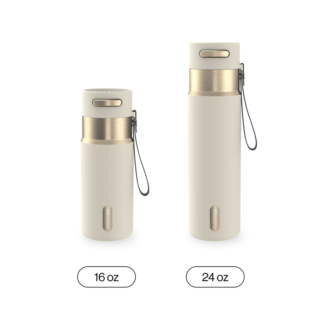 Contigo AutoSeal Leakproof Stainless Steel Reusable Water Bottle Tumbler with Carrying Strap, Cream/Champagne, 24 oz - JV89