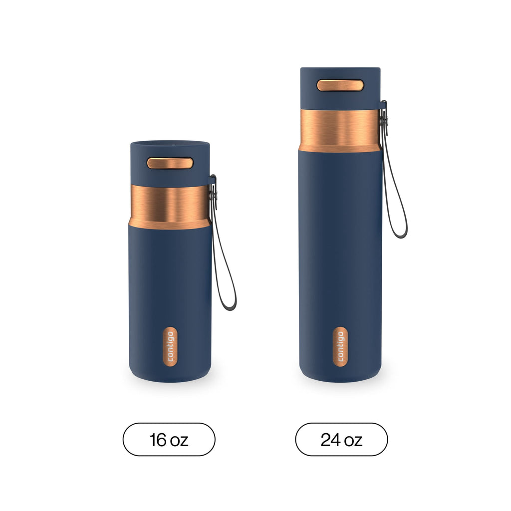 Contigo AutoSeal Leakproof Stainless Steel Reusable Water Bottle Tumbler with Carrying Strap, Cream/Champagne, 24 oz - JV89
