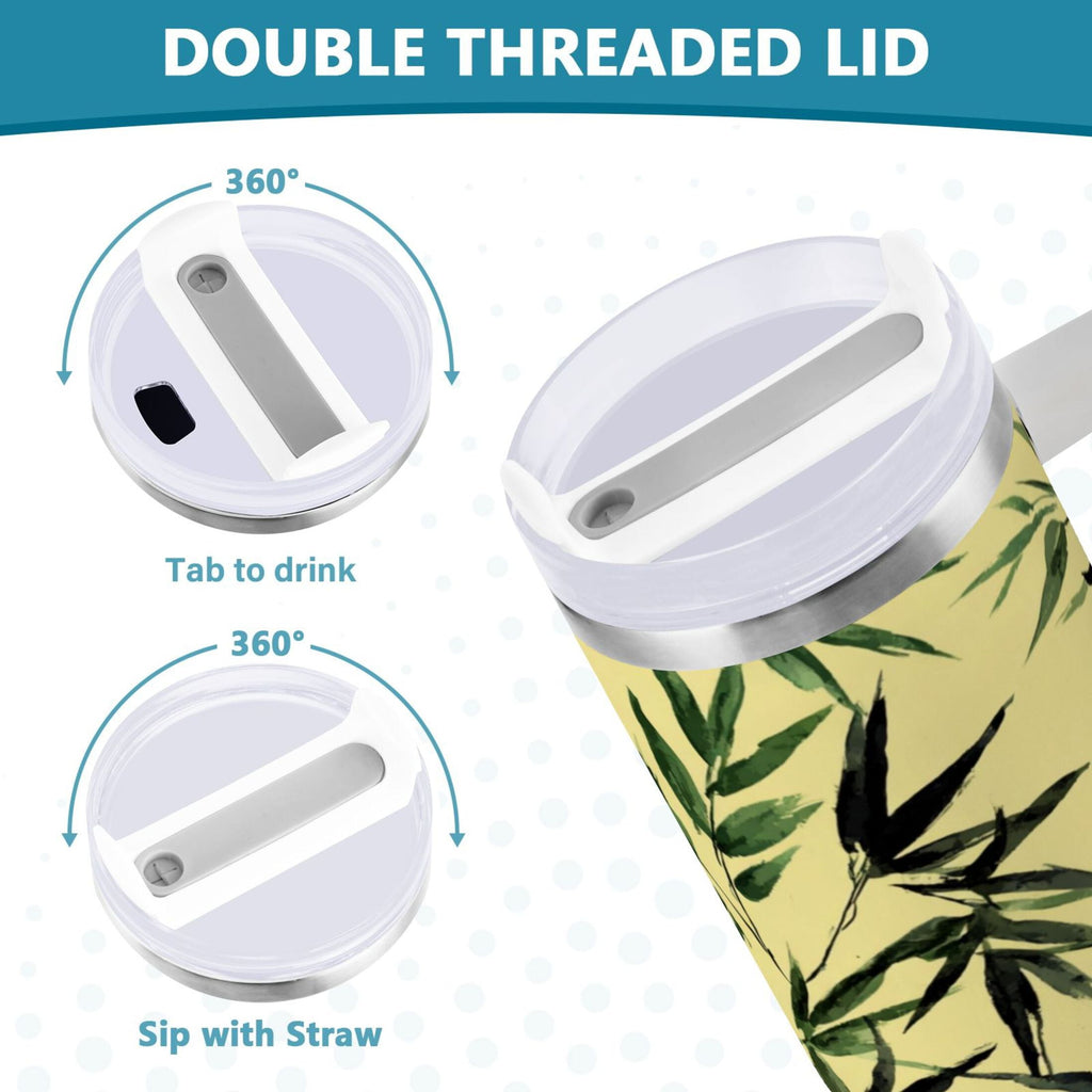 30 oz Insulated Stainless Steel Tumbler Double Wall Stainless Steel Tumbler with 2-Way Drinking Bamboo and Green Leaves - G009