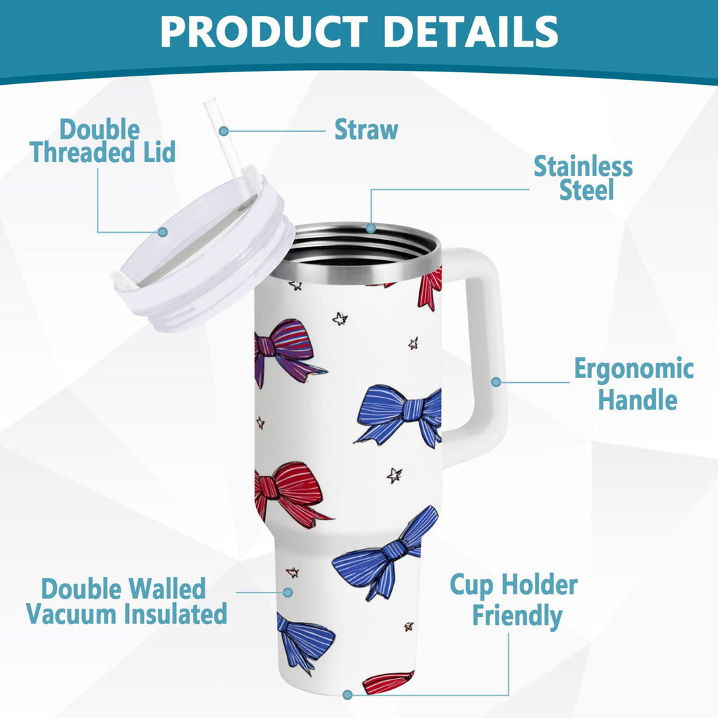30 oz Insulated Stainless Steel Tumbler Double Wall Stainless Steel Tumbler with 2-Way Drinking Red and Blue Stripe Bows - C6TL