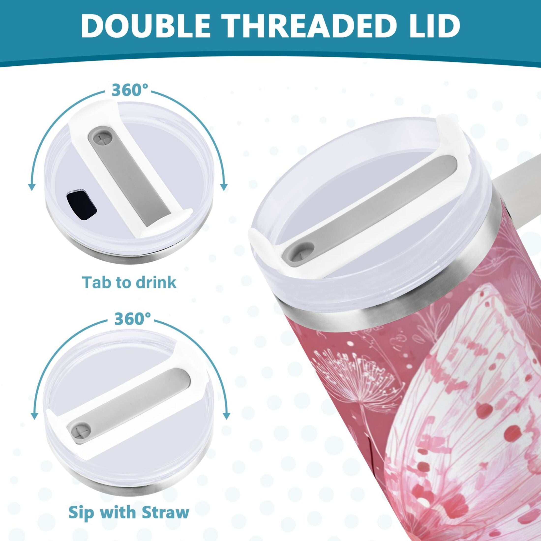 30 oz Insulated Stainless Steel Tumbler Double Wall Stainless Steel Tumbler with 2-Way Drinking Soft Pink Butterfly - 14Y1