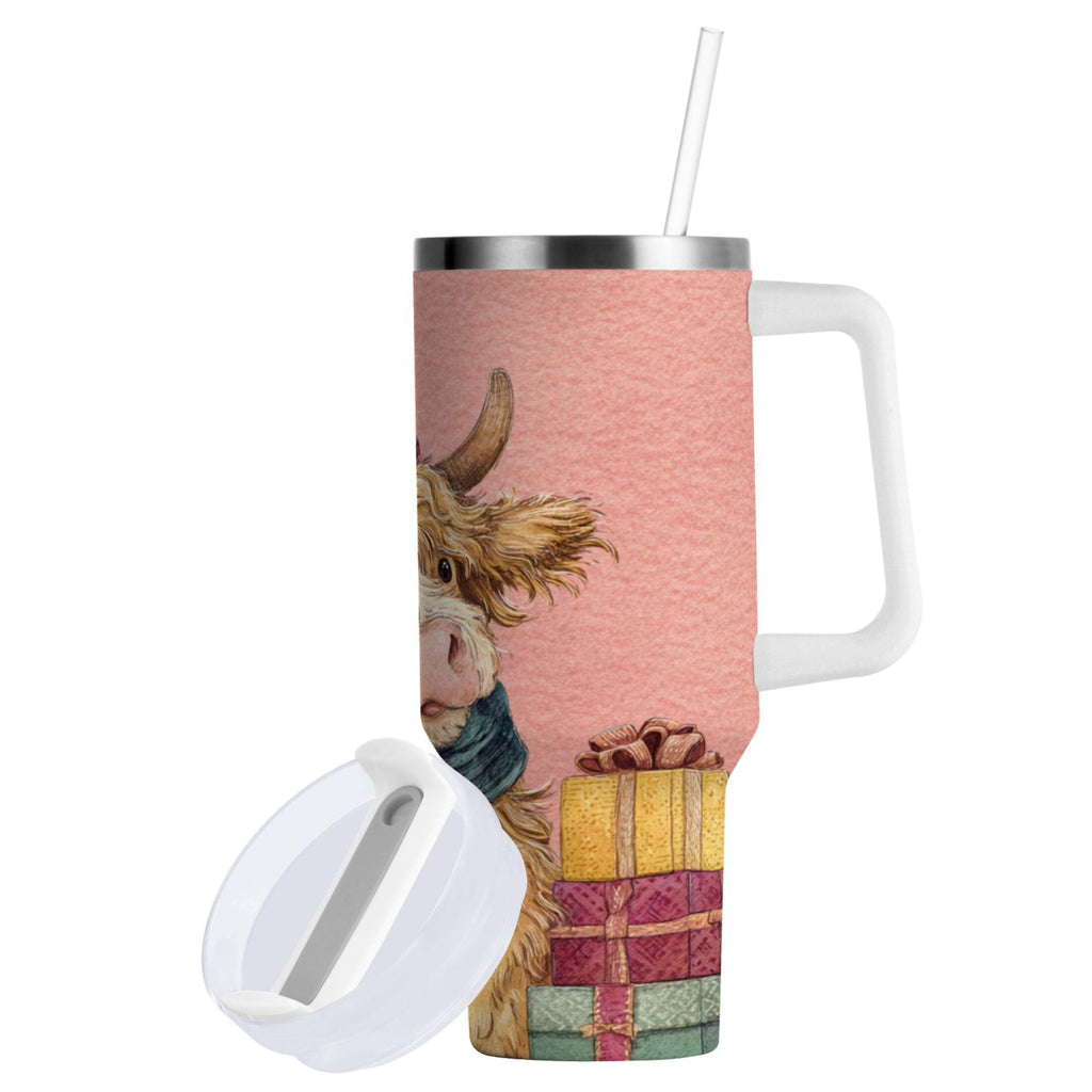 30 oz Insulated Stainless Steel Tumbler Double Wall Stainless Steel Tumbler with 2-Way Drinking Cow Wearing Scarf and Hat - 33SF