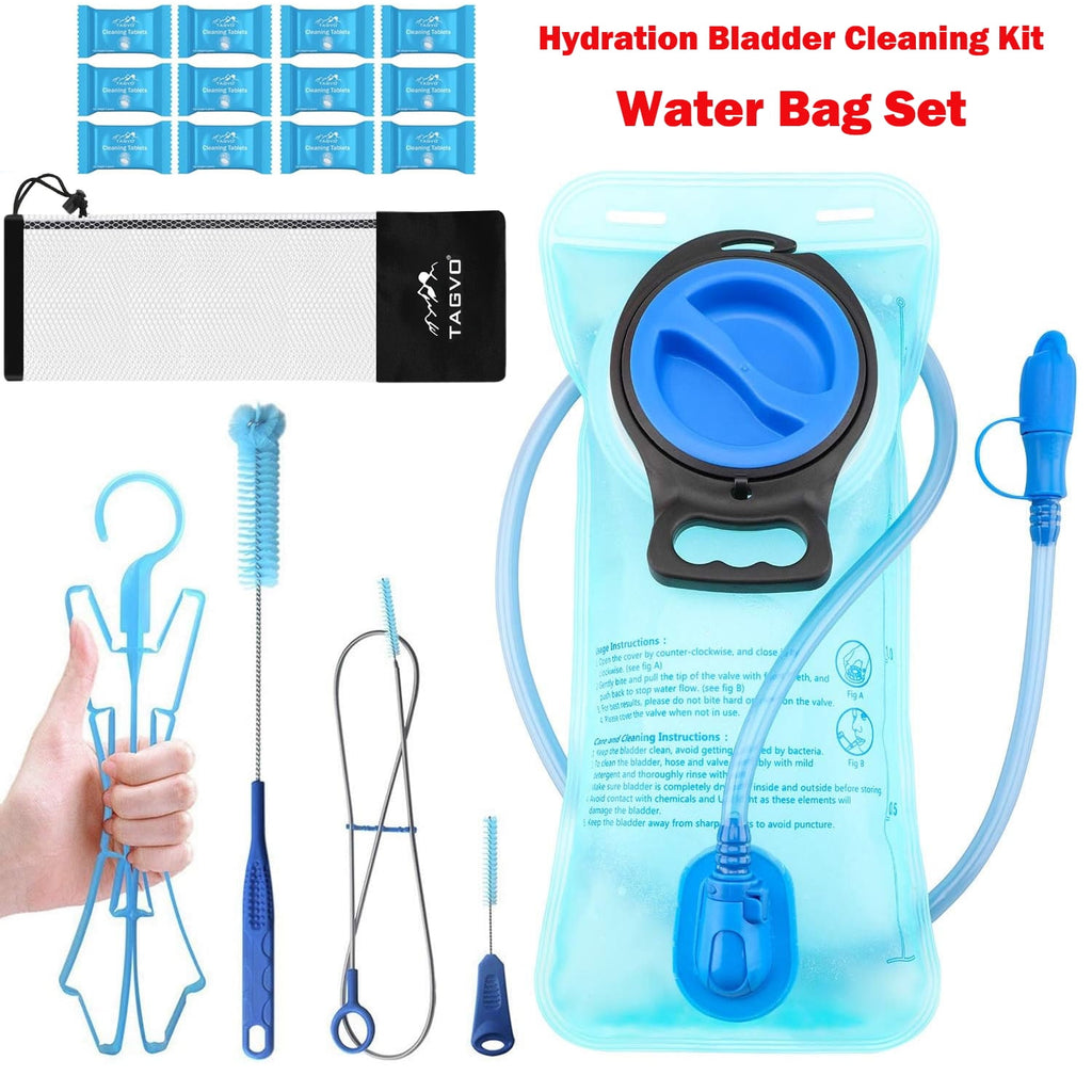 TAGVO Hydration Bladder 2 Liter BPA Free 70oz + Cleaning Brushes Kit, Leakproof Water Bladder Travel Reservoir Hydration Bag, Easy Cleaning by 3 Brushes and Air Drying by Collapsible Frame - T8A9