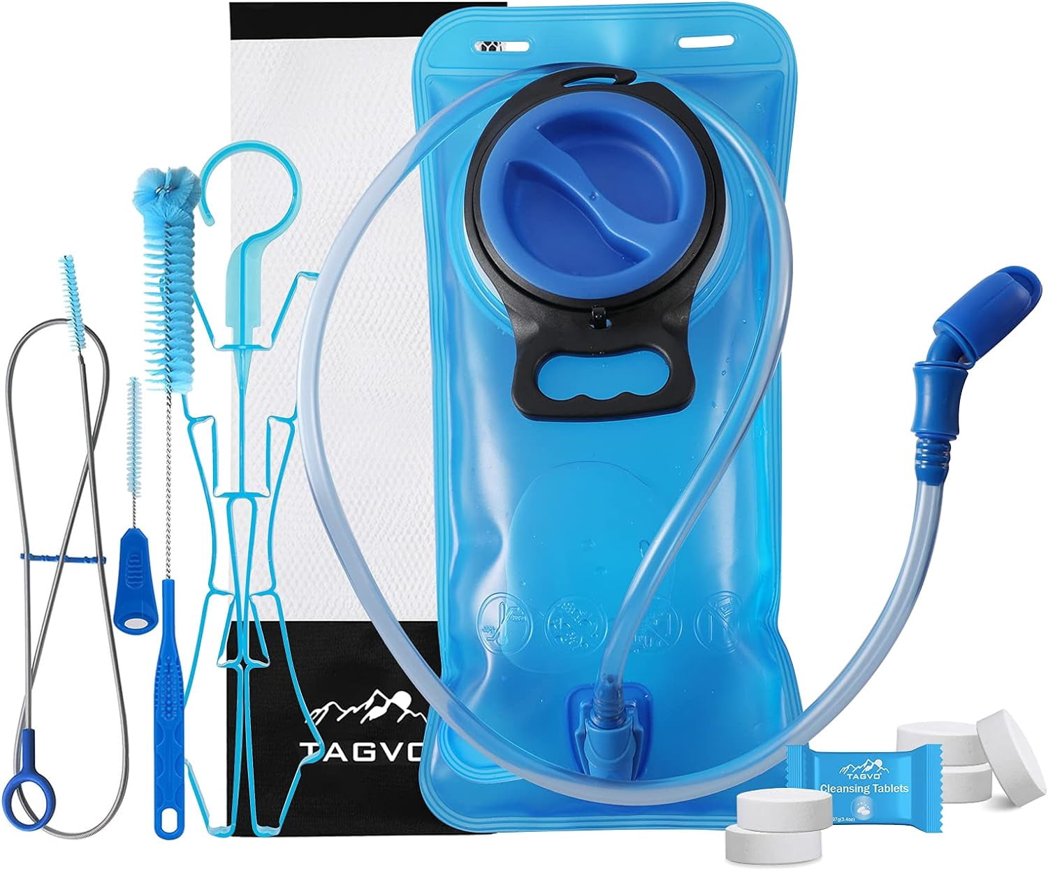 TAGVO Hydration Bladder 2 Liter BPA Free 70oz + Cleaning Brushes Kit, Leakproof Water Bladder Travel Reservoir Hydration Bag, Easy Cleaning by 3 Brushes and Air Drying by Collapsible Frame - T8A9