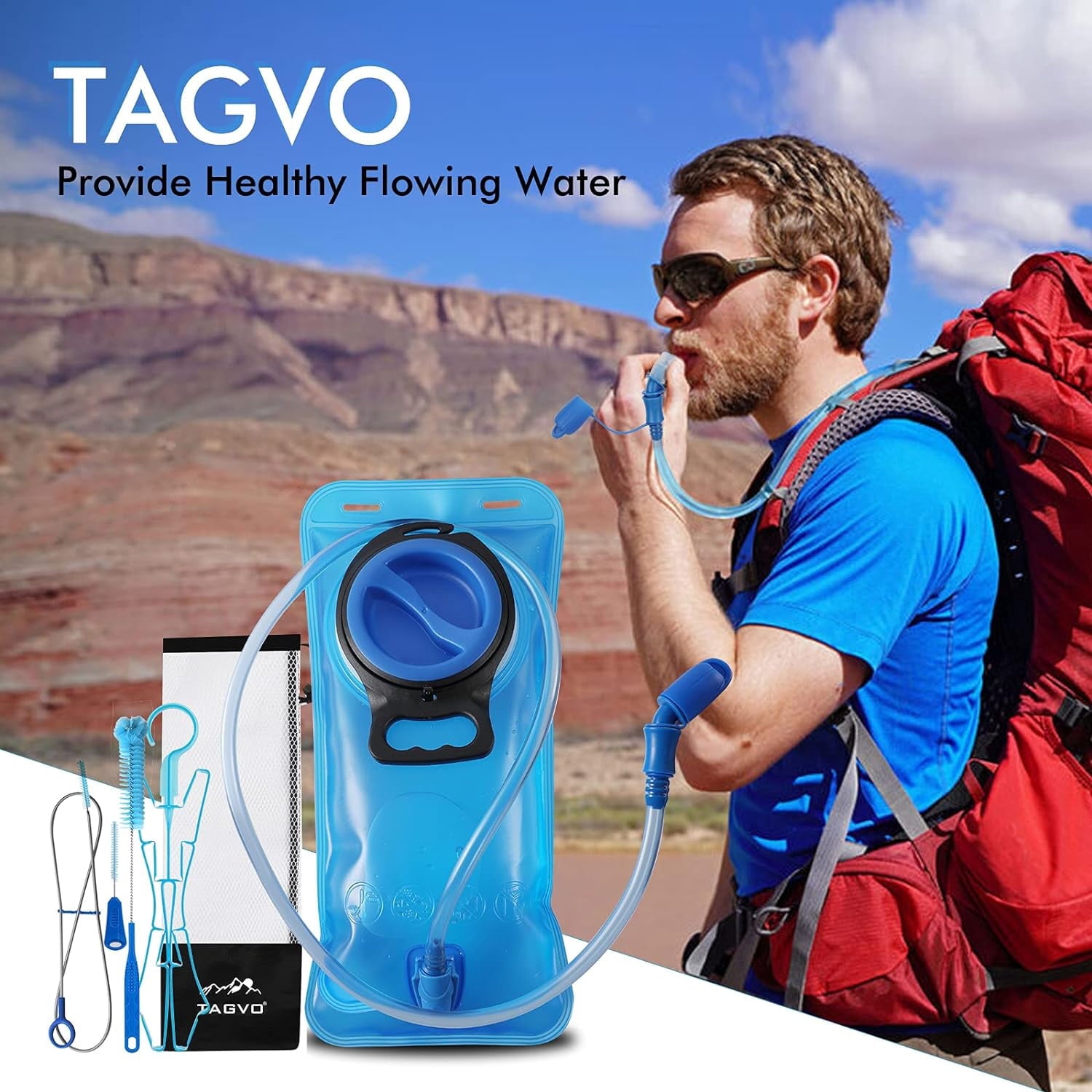 TAGVO Hydration Bladder 2 Liter BPA Free 70oz + Cleaning Brushes Kit, Leakproof Water Bladder Travel Reservoir Hydration Bag, Easy Cleaning by 3 Brushes and Air Drying by Collapsible Frame - T8A9