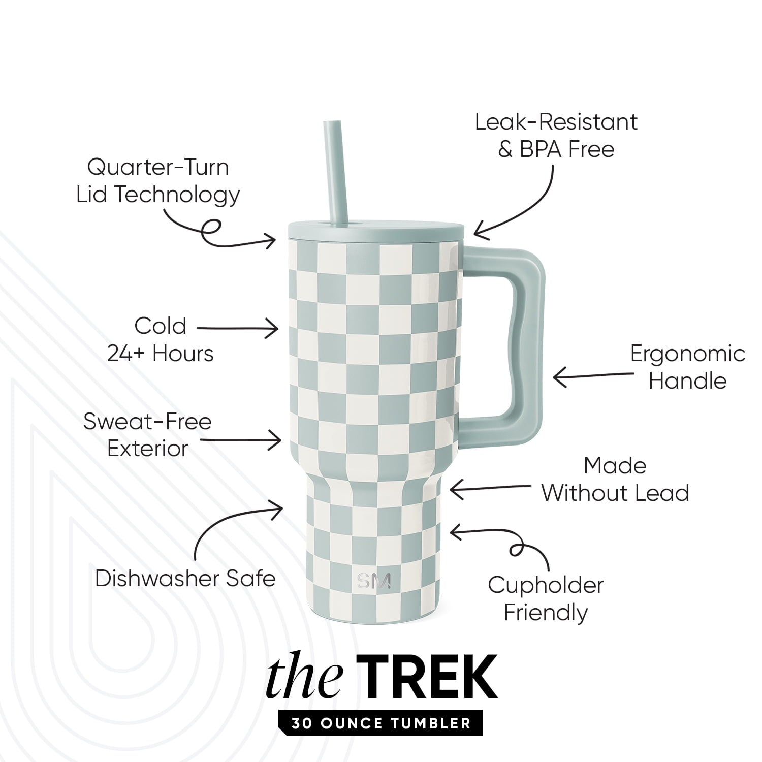 Simple Modern 30 fl oz Insulated Stainless Steel Trek Tumbler with Straw Lid | Seaglass Sage and Cream Checkmate - B21Q