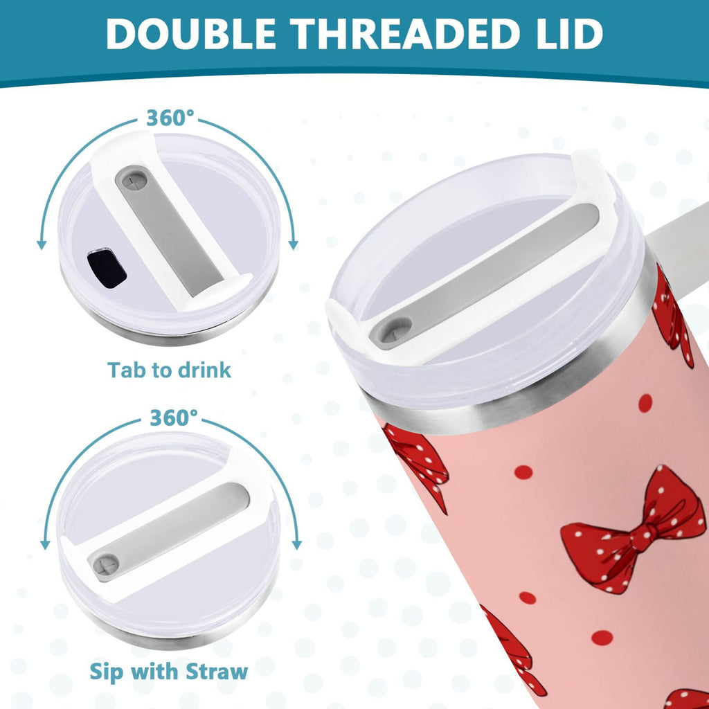 40 oz Insulated Stainless Steel Tumbler Double Wall Stainless Steel Tumbler with 2-Way Drinking Red Bows and Polka Dots - 3CF0