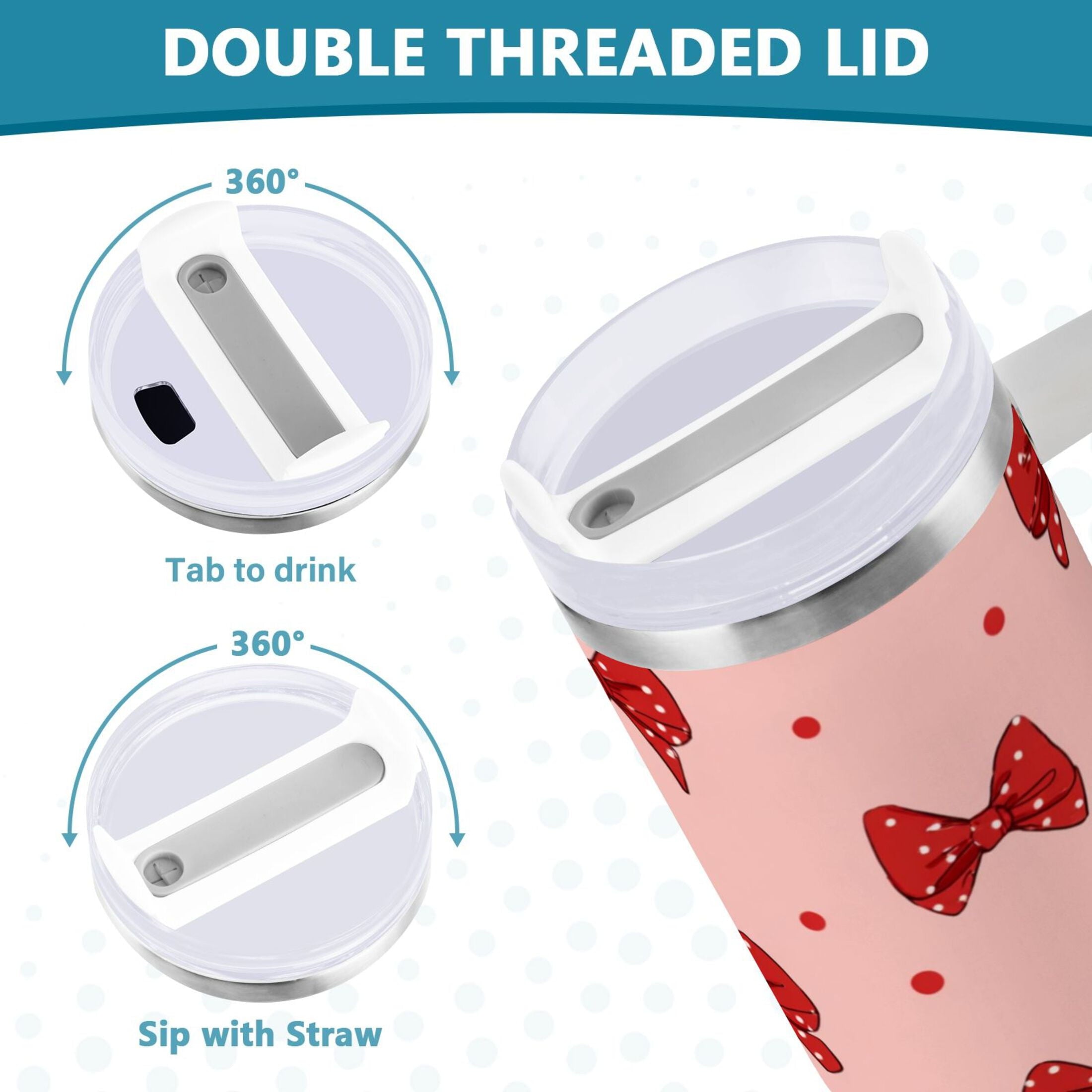 40 oz Insulated Stainless Steel Tumbler Double Wall Stainless Steel Tumbler with 2-Way Drinking Red Bows and Polka Dots - 3CF0