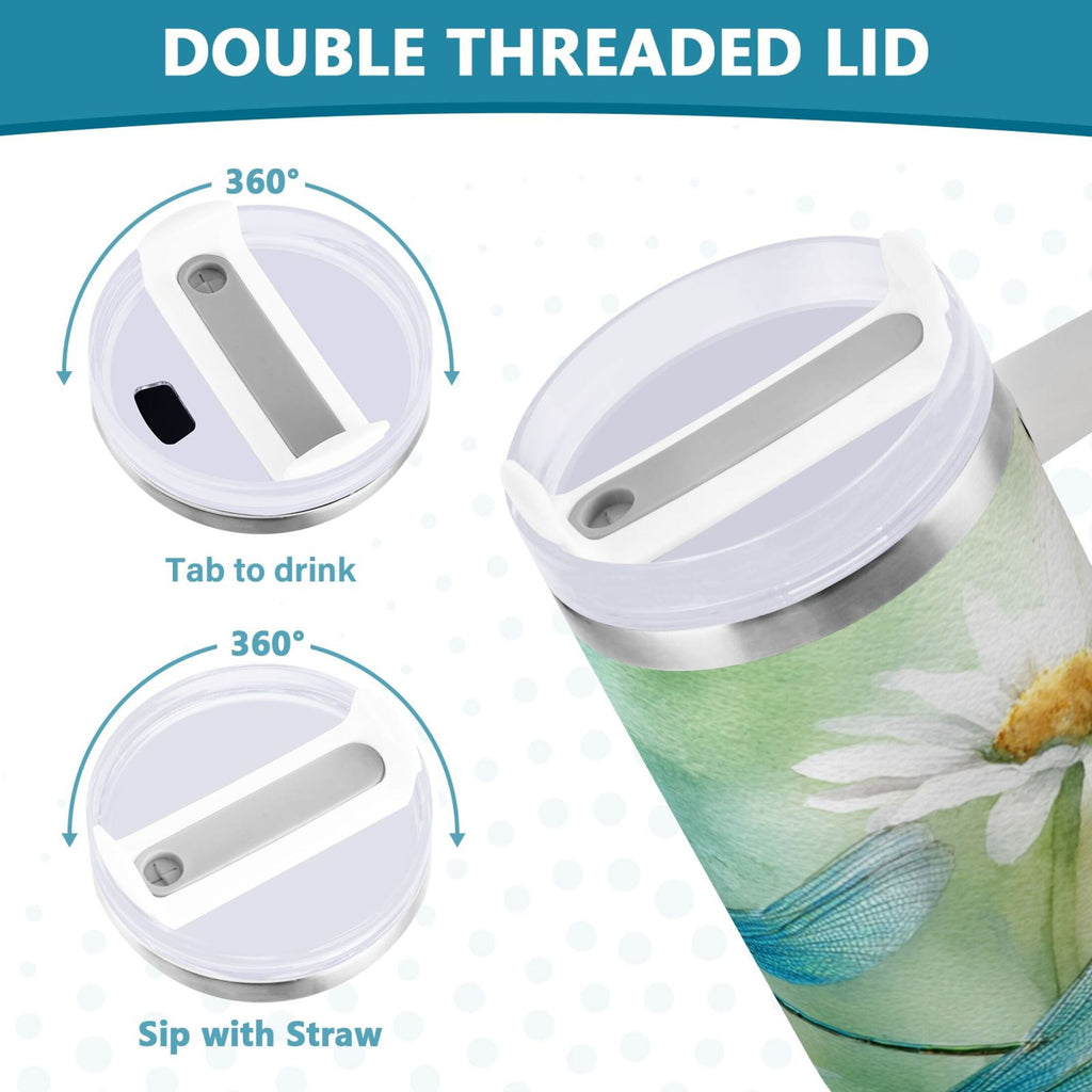 30 oz Insulated Stainless Steel Tumbler Double Wall Stainless Steel Tumbler with 2-Way Drinking Beautiful Dragonflies and Daisies - VZ2H