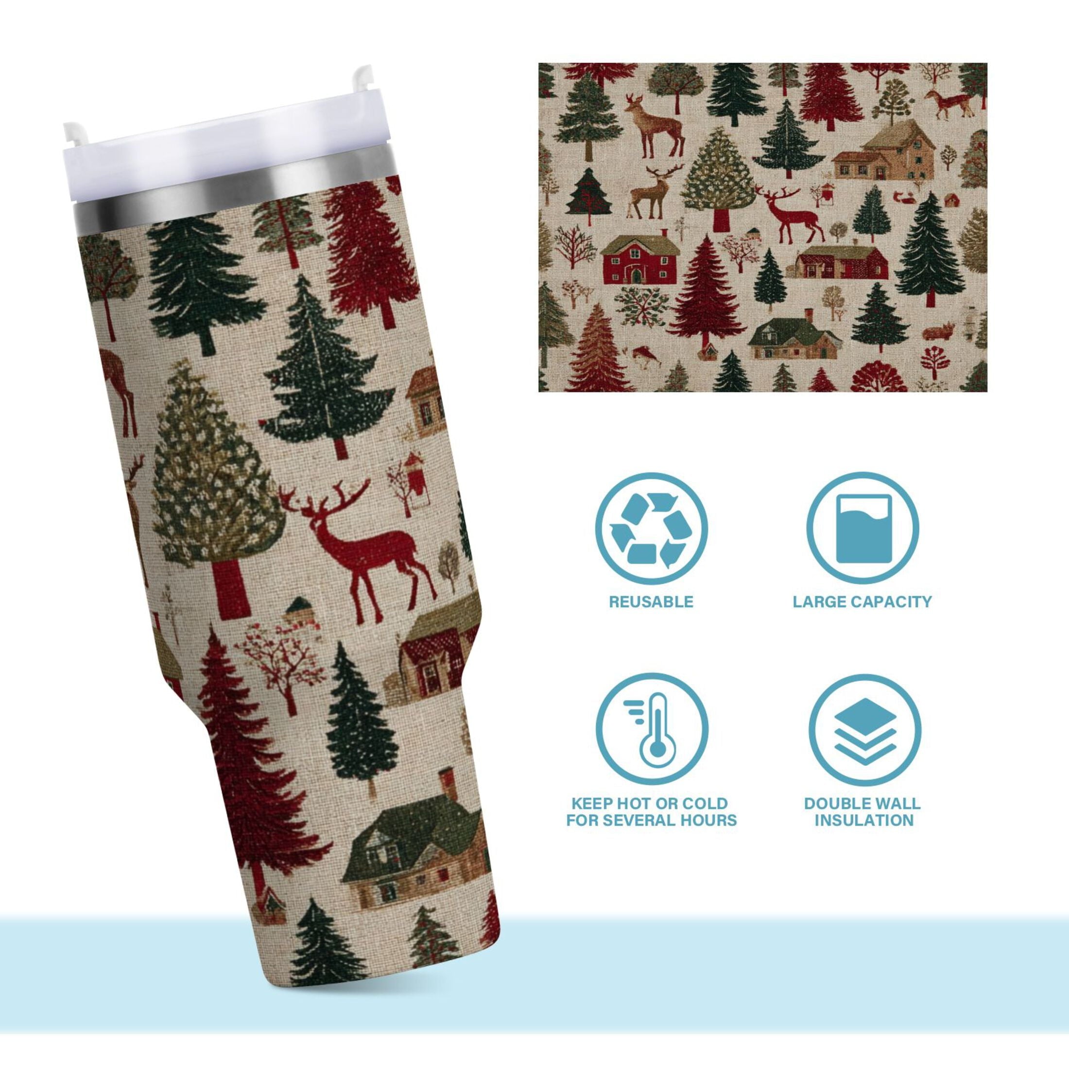 30 oz Insulated Stainless Steel Tumbler Double Wall Stainless Steel Tumbler with 2-Way Drinking Christmas Trees Deer and Houses - T6Y2