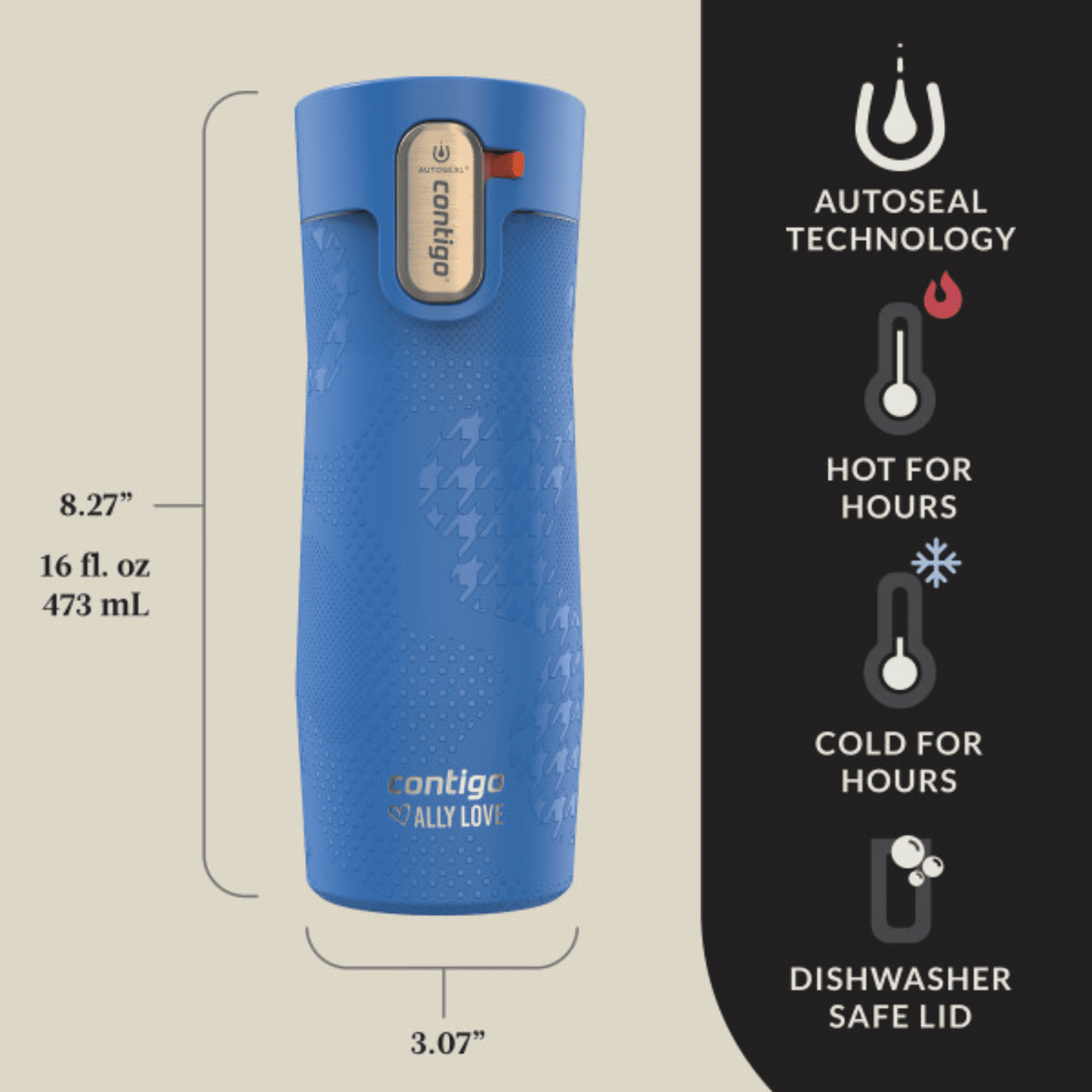 Contigo x Ally Love Autoseal West Loop Vacuum-Insulated Stainless Steel Travel Mug with Easy-Clean Lid, 16 oz, Stellar Jay - O4N3