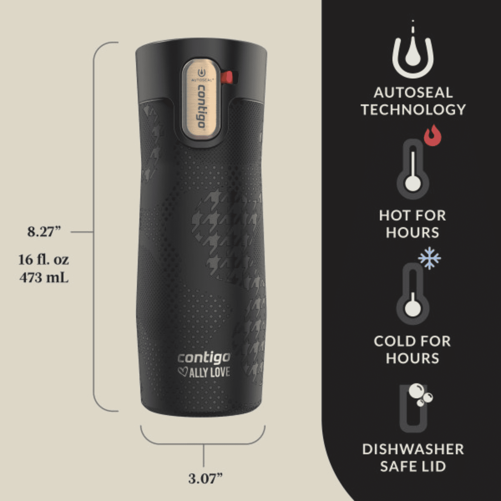 Contigo x Ally Love Autoseal West Loop Vacuum-Insulated Stainless Steel Travel Mug with Easy-Clean Lid, 16 oz, Stellar Jay - O4N3
