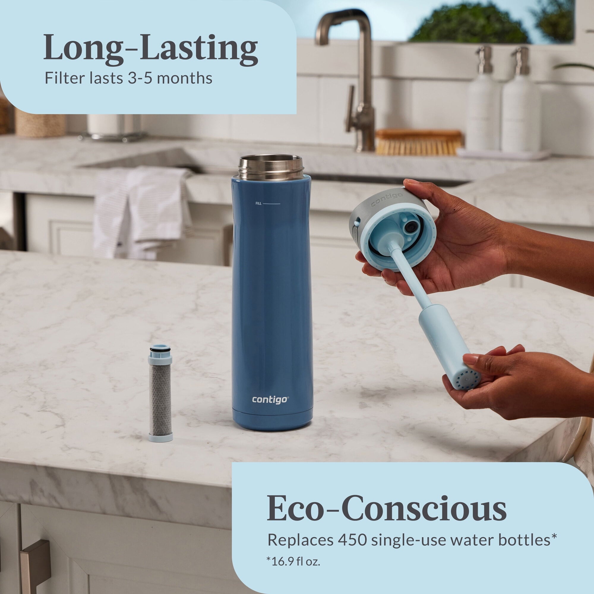 Contigo® Wells Chill Stainless Steel Filter Water Bottle with AUTOSPOUT® Straw Lid, 24 oz., Dark Ice - 67CH