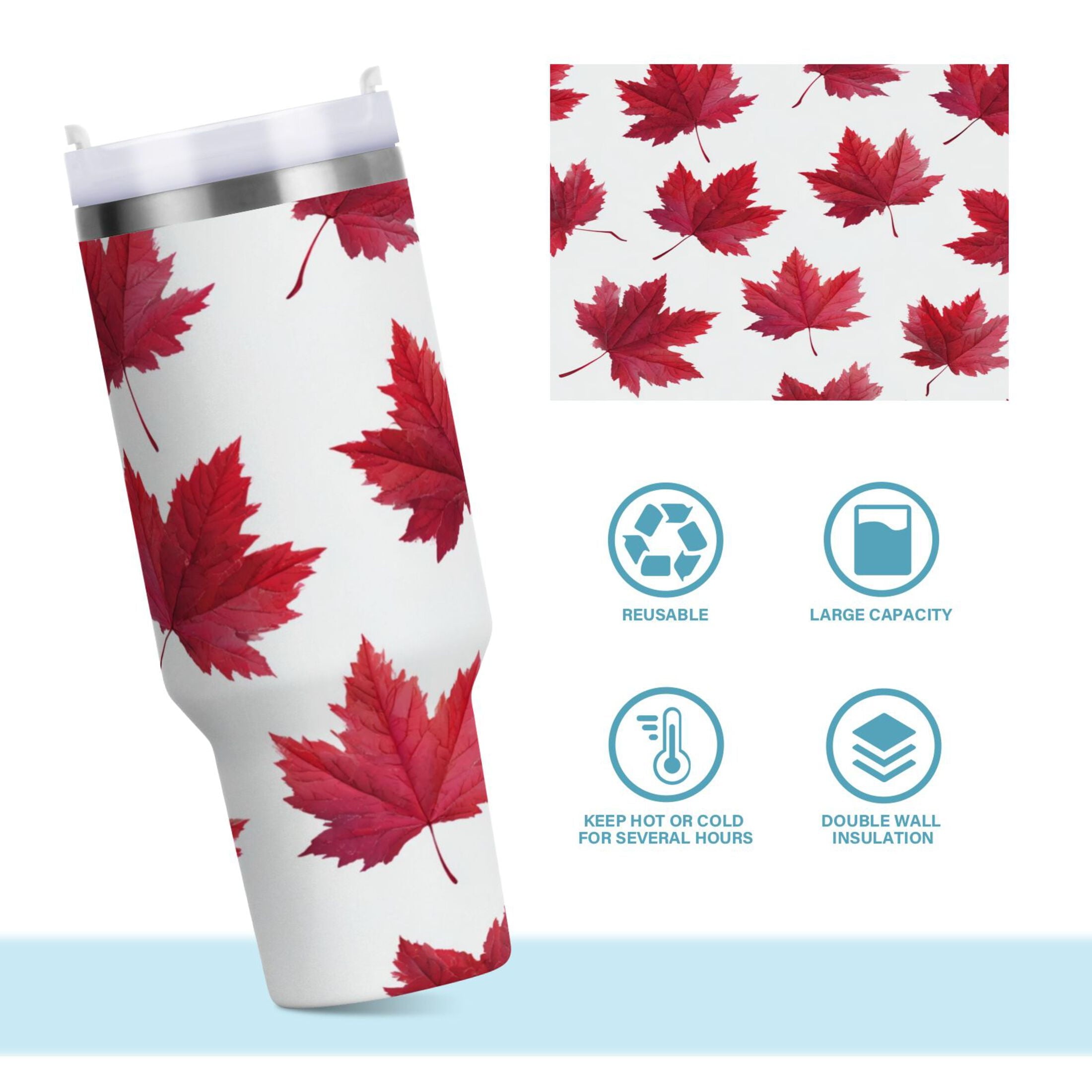 30 oz Insulated Stainless Steel Tumbler Double Wall Stainless Steel Tumbler with 2-Way Drinking Red Maple Leaves - 6583
