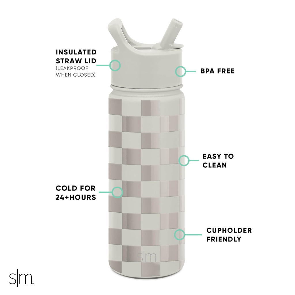 Simple Modern Kids Water Bottle with Straw Lid Vacuum Insulated Stainless Steel Metal Thermos Bottles | Reusable Leak Proof BPA-Free Flask for School | Summit Collection | 18oz, Checkmate - 5AF8