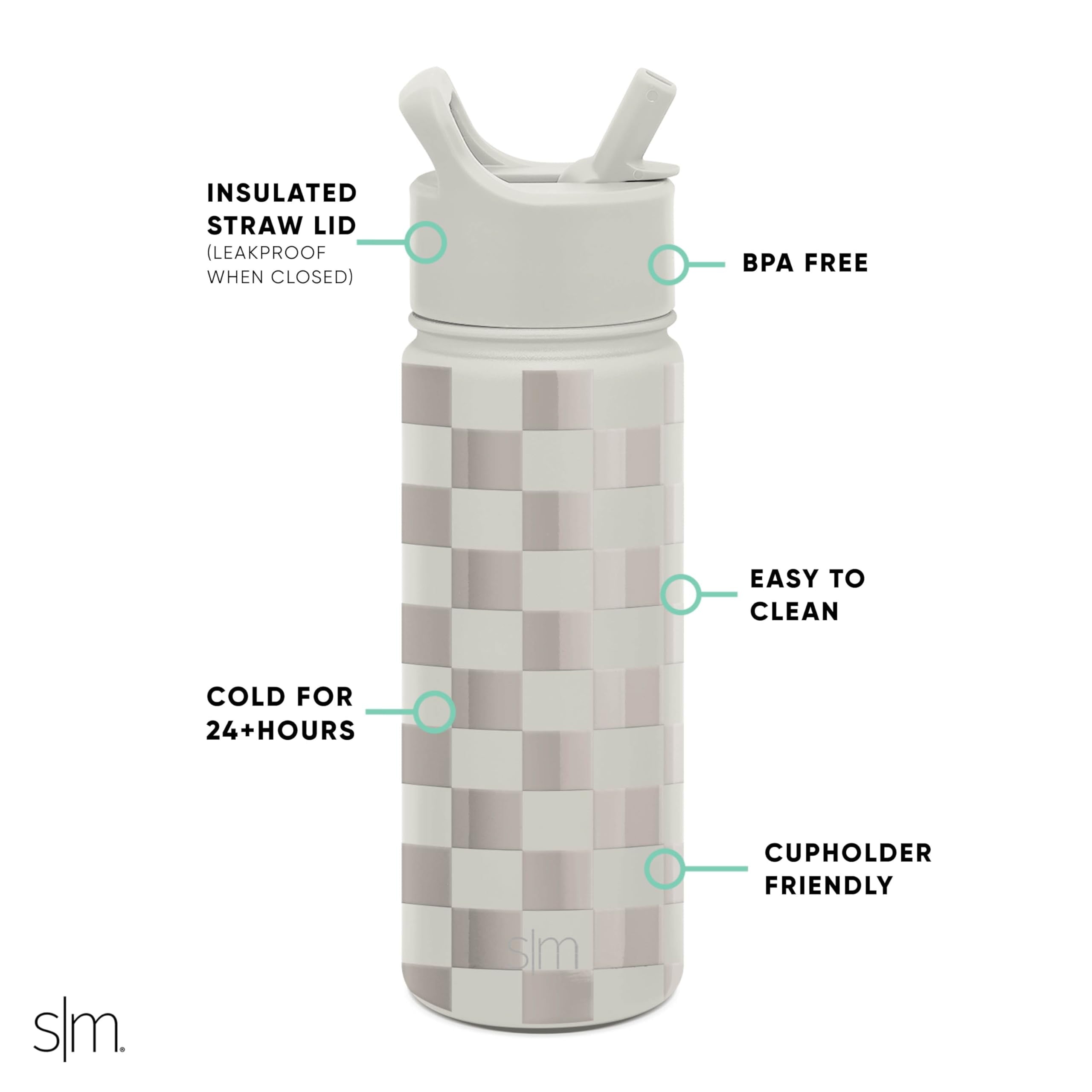 Simple Modern Kids Water Bottle with Straw Lid Vacuum Insulated Stainless Steel Metal Thermos Bottles | Reusable Leak Proof BPA-Free Flask for School | Summit Collection | 18oz, Checkmate - 5AF8