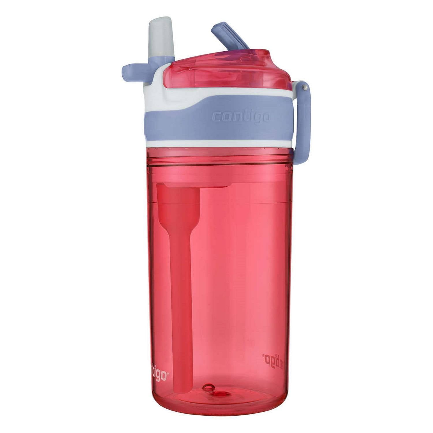 Contigo Kids 2-in-1 Snack Hero Tumbler Featuring 4oz Snack Holder Stacked on Top of 13oz Water Bottle - BPA Free, Durable Tritan w/Flexible Carry Handle &amp; Spill-Proof Valve, Purple &amp; Pink – 2 Pack - O2LB