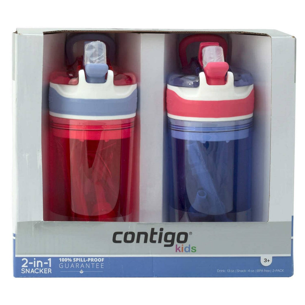 Contigo Kids 2-in-1 Snack Hero Tumbler Featuring 4oz Snack Holder Stacked on Top of 13oz Water Bottle - BPA Free, Durable Tritan w/Flexible Carry Handle &amp; Spill-Proof Valve, Purple &amp; Pink – 2 Pack - O2LB