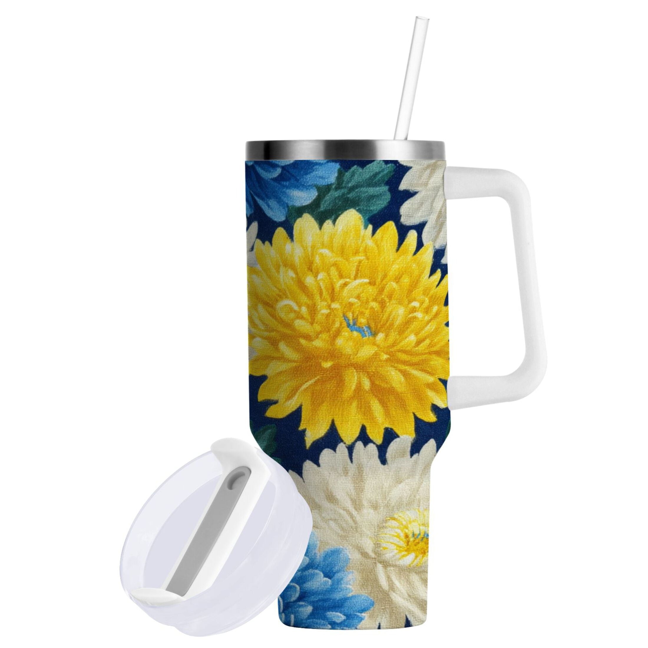 30 oz Insulated Stainless Steel Tumbler Double Wall Stainless Steel Tumbler with 2-Way Drinking Yellow and White Chrysanthemum - J411