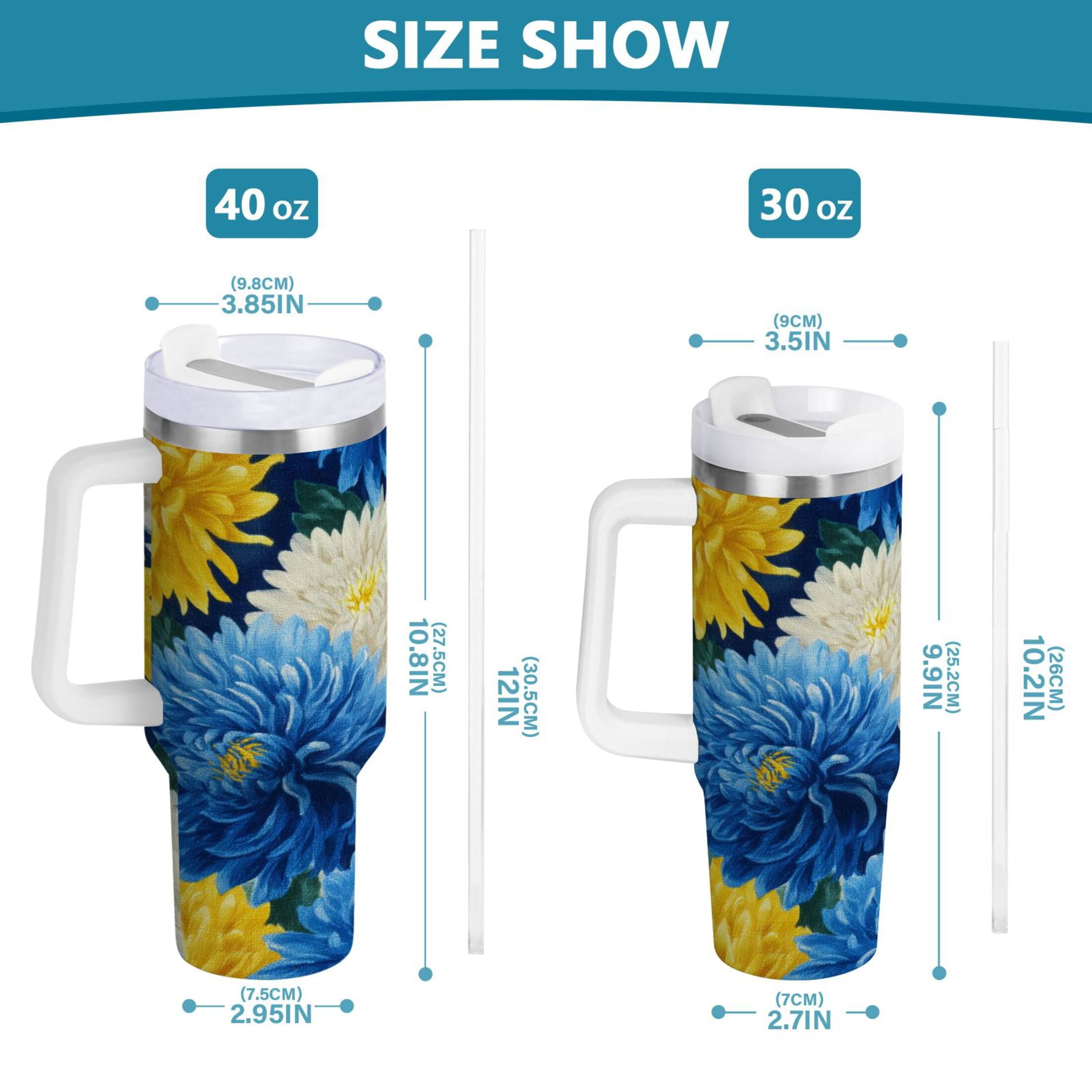 30 oz Insulated Stainless Steel Tumbler Double Wall Stainless Steel Tumbler with 2-Way Drinking Yellow and White Chrysanthemum - J411