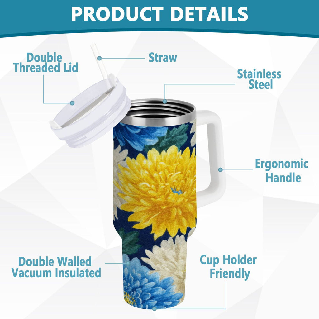 30 oz Insulated Stainless Steel Tumbler Double Wall Stainless Steel Tumbler with 2-Way Drinking Yellow and White Chrysanthemum - J411