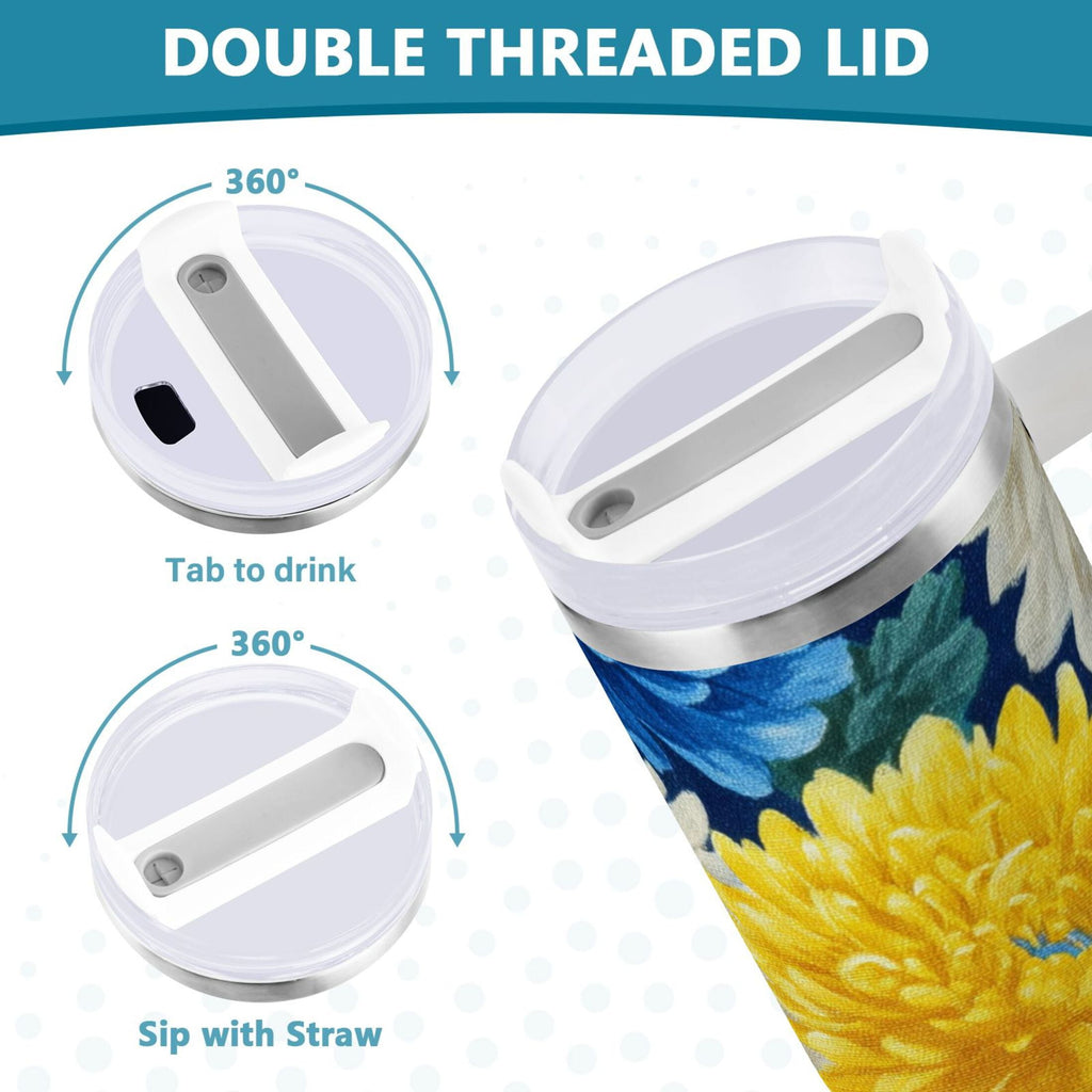30 oz Insulated Stainless Steel Tumbler Double Wall Stainless Steel Tumbler with 2-Way Drinking Yellow and White Chrysanthemum - J411