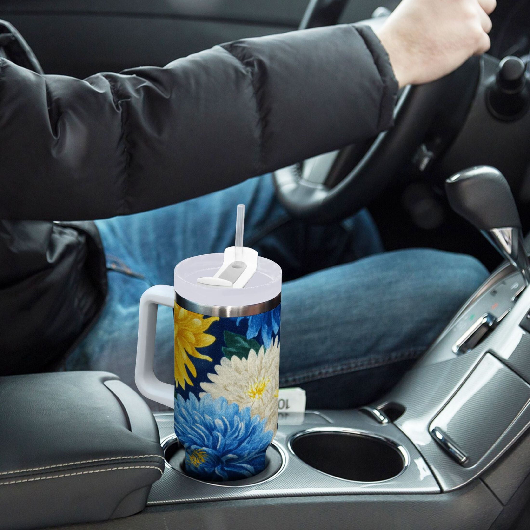 30 oz Insulated Stainless Steel Tumbler Double Wall Stainless Steel Tumbler with 2-Way Drinking Yellow and White Chrysanthemum - J411