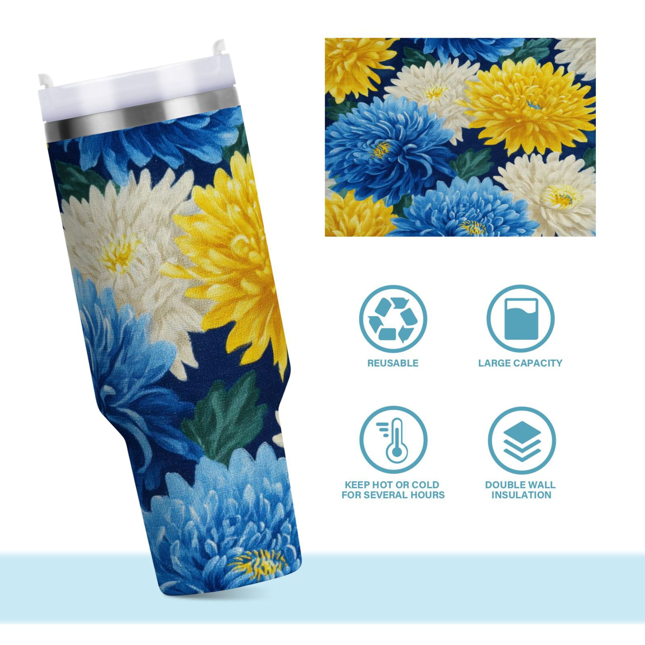 30 oz Insulated Stainless Steel Tumbler Double Wall Stainless Steel Tumbler with 2-Way Drinking Yellow and White Chrysanthemum - J411