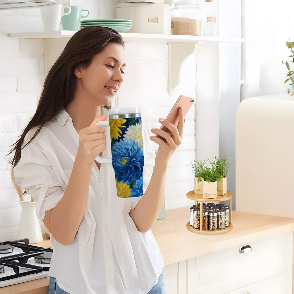 30 oz Insulated Stainless Steel Tumbler Double Wall Stainless Steel Tumbler with 2-Way Drinking Yellow and White Chrysanthemum - J411