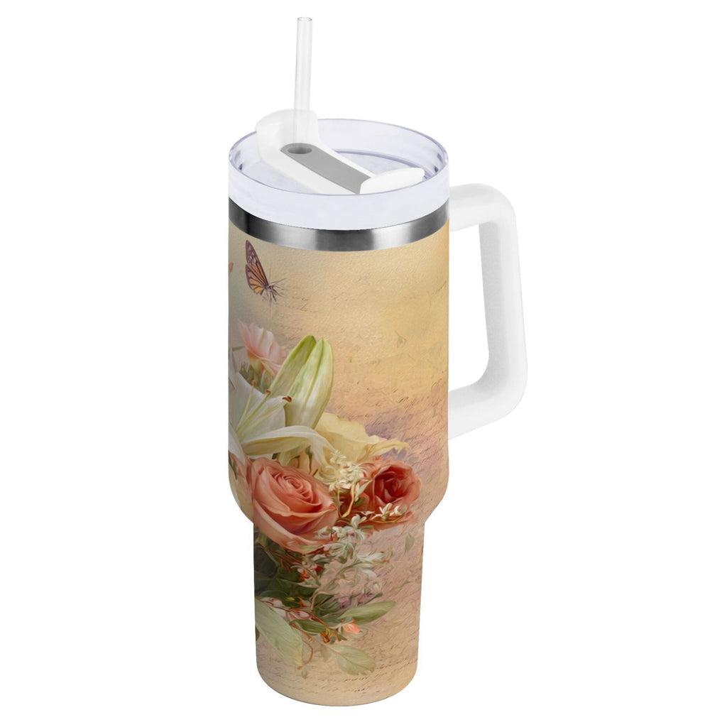 30 oz Insulated Stainless Steel Tumbler Double Wall Stainless Steel Tumbler with 2-Way Drinking Beautiful Floral Bouquet - W8UX