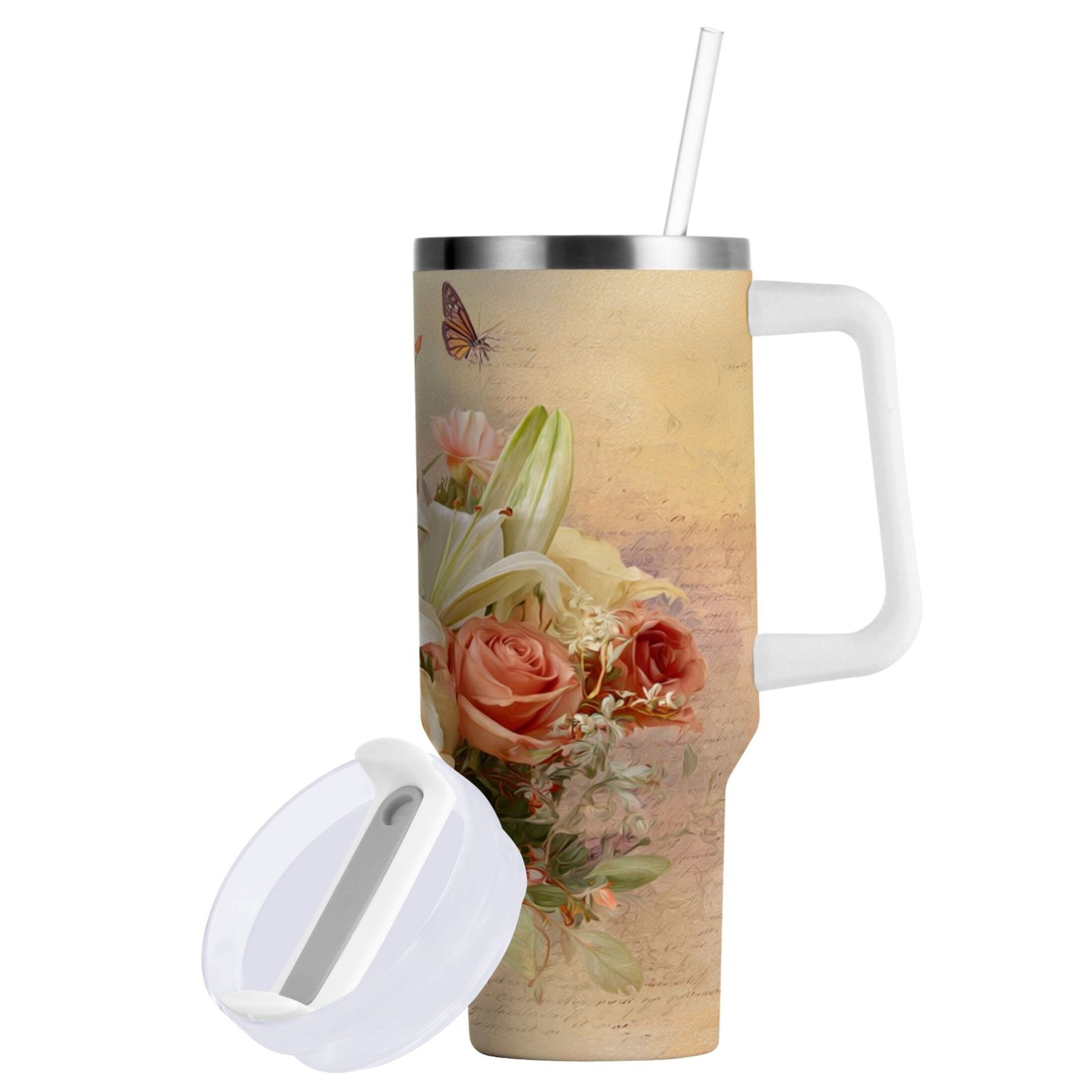 30 oz Insulated Stainless Steel Tumbler Double Wall Stainless Steel Tumbler with 2-Way Drinking Beautiful Floral Bouquet - W8UX