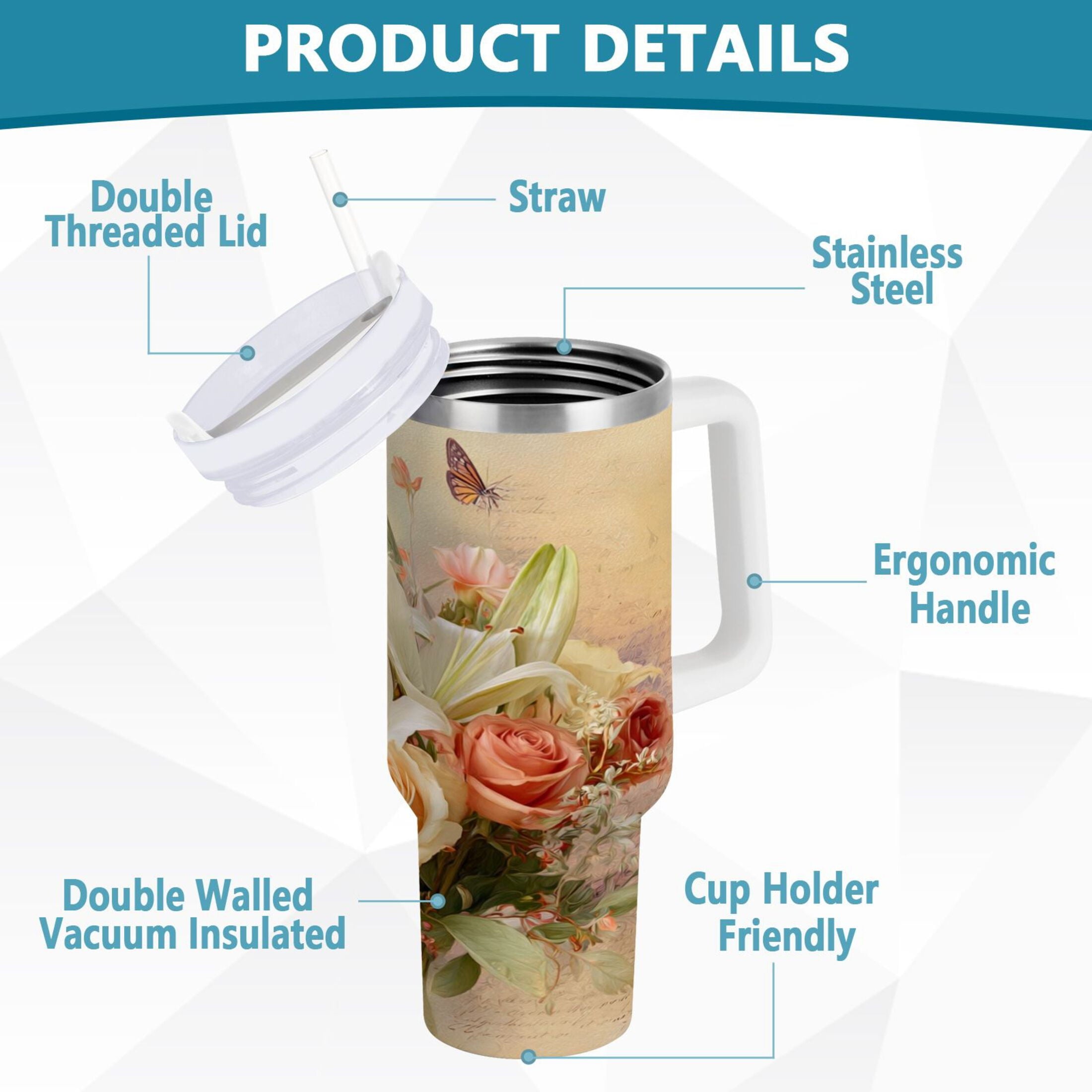 30 oz Insulated Stainless Steel Tumbler Double Wall Stainless Steel Tumbler with 2-Way Drinking Beautiful Floral Bouquet - W8UX