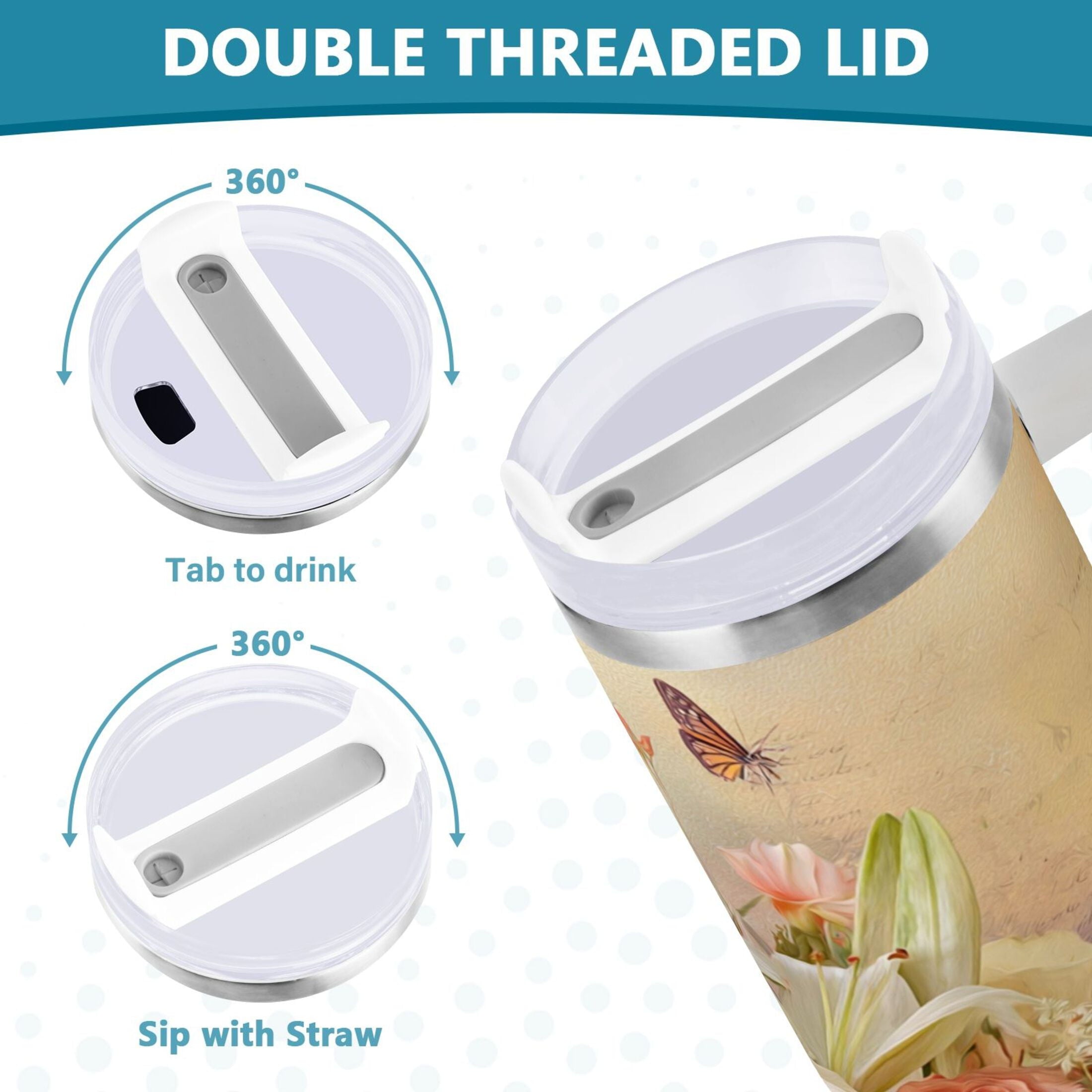 30 oz Insulated Stainless Steel Tumbler Double Wall Stainless Steel Tumbler with 2-Way Drinking Beautiful Floral Bouquet - W8UX