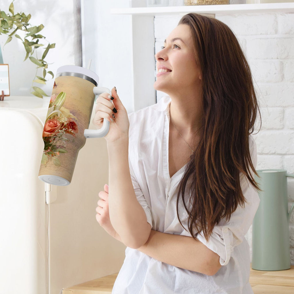 30 oz Insulated Stainless Steel Tumbler Double Wall Stainless Steel Tumbler with 2-Way Drinking Beautiful Floral Bouquet - W8UX