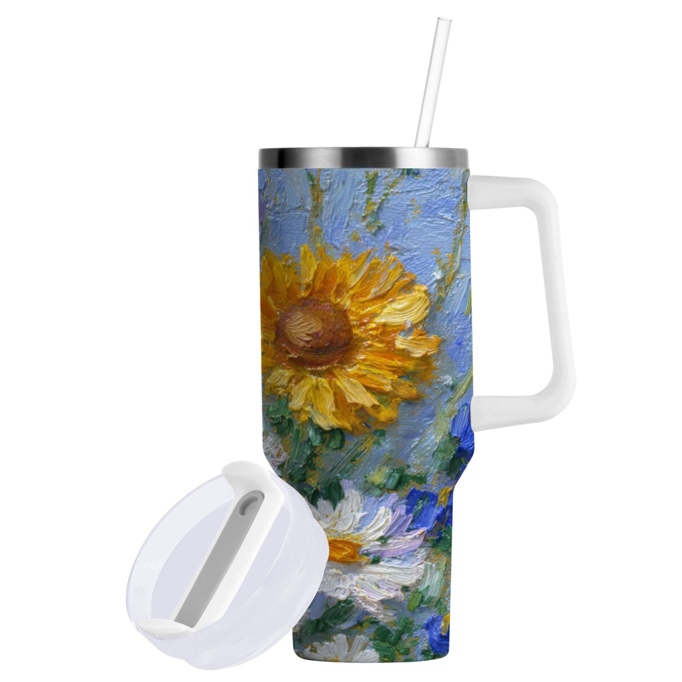 40 oz Insulated Stainless Steel Tumbler Double Wall Stainless Steel Tumbler with 2-Way Drinking Sunflowers and Daisies - 1NOK