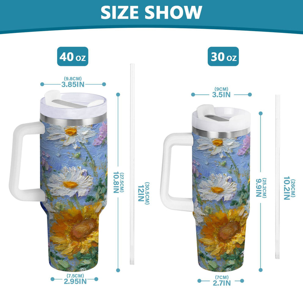 40 oz Insulated Stainless Steel Tumbler Double Wall Stainless Steel Tumbler with 2-Way Drinking Sunflowers and Daisies - 1NOK