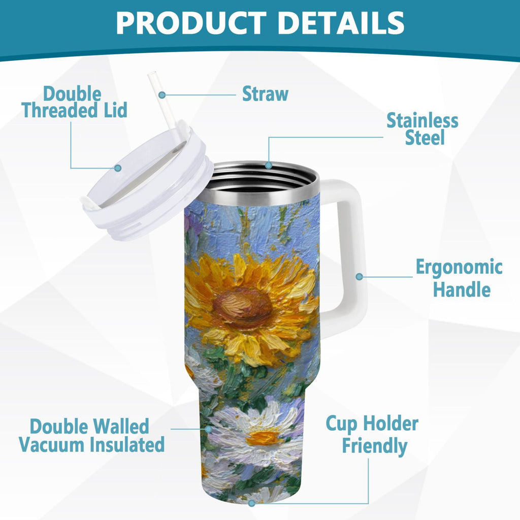 40 oz Insulated Stainless Steel Tumbler Double Wall Stainless Steel Tumbler with 2-Way Drinking Sunflowers and Daisies - 1NOK